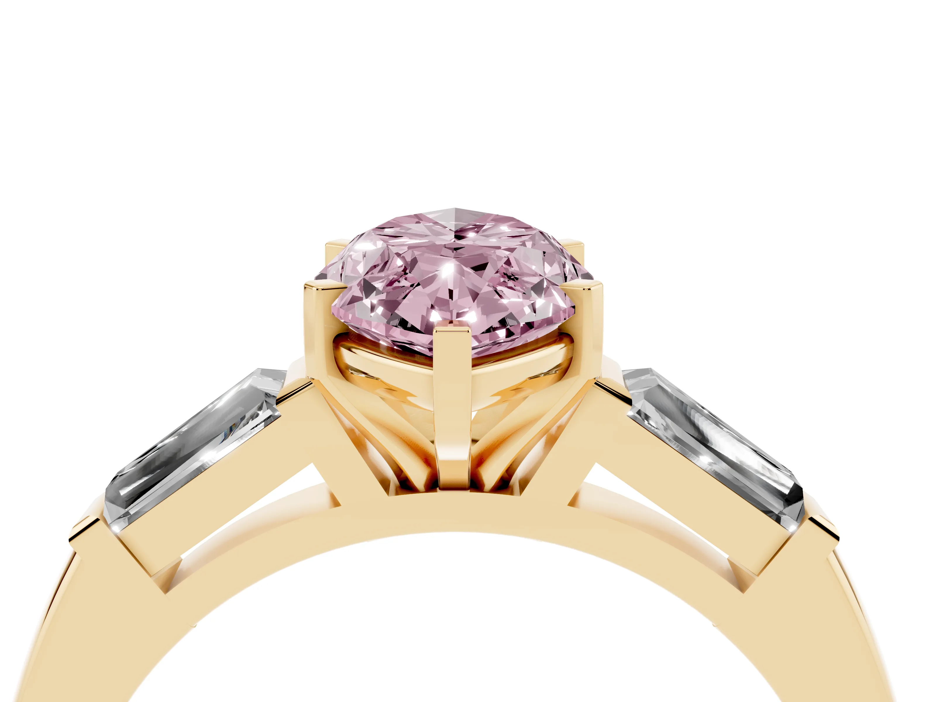 Fancy Pink Marquise Cut Diamond Solitaire Ring Set in Yellow gold with Tapered Baguette Side Stones and Prong Setting