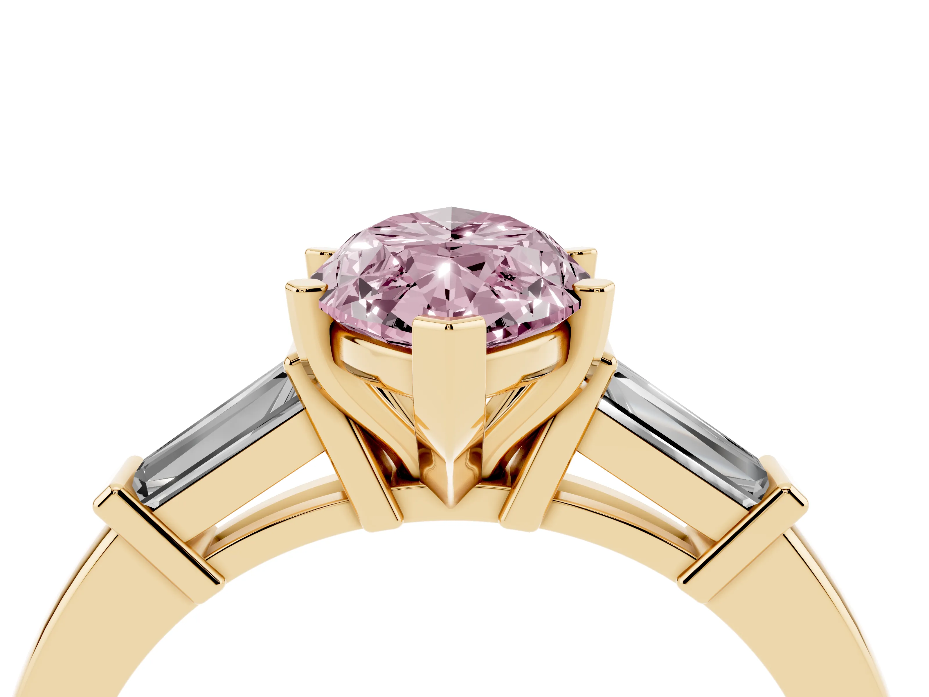 Fancy Pink Marquise Cut Diamond Solitaire Ring Set in Yellow gold with Tapered Baguette Accents and Prong Setting