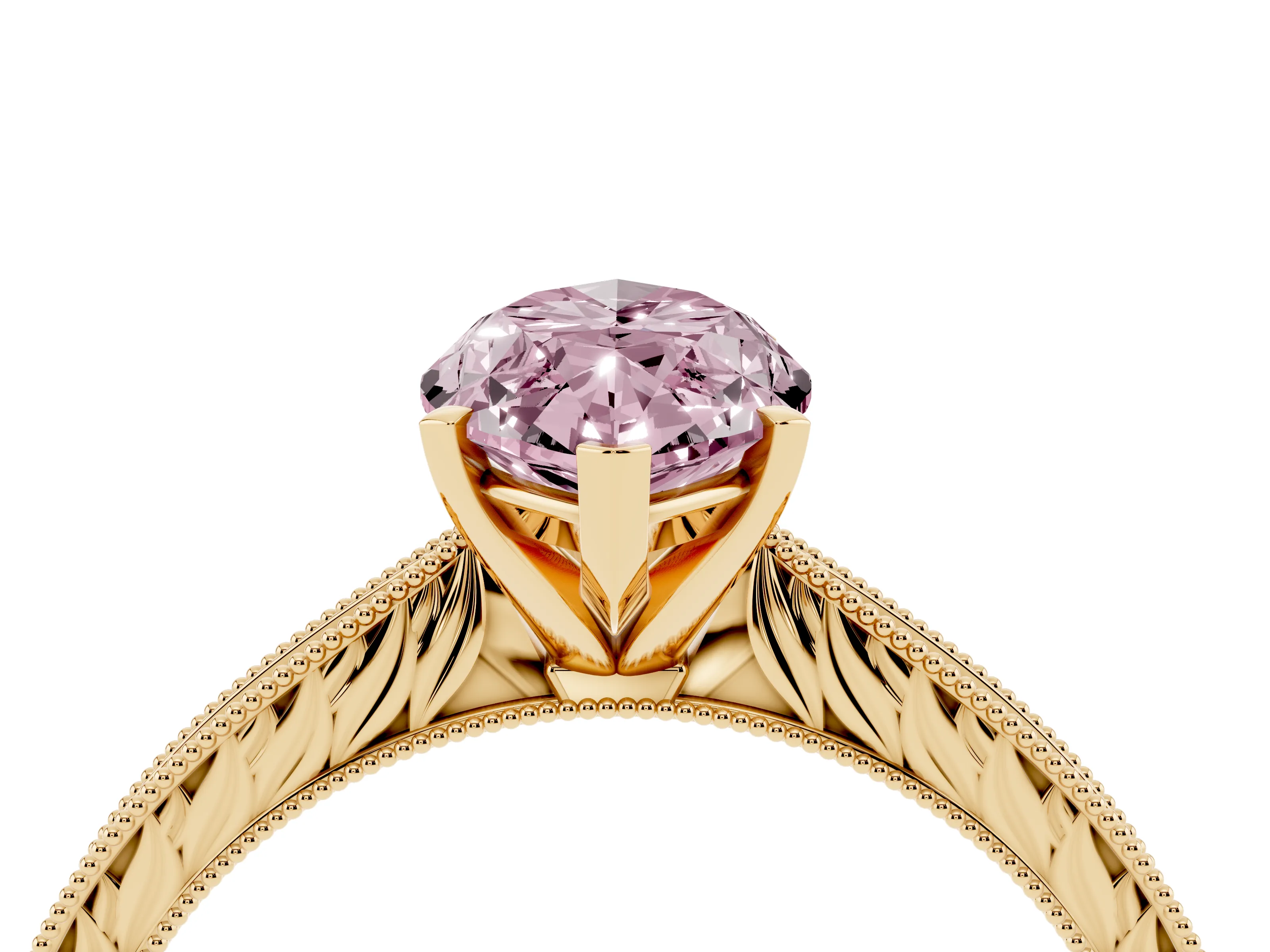 Fancy Pink Marquise Cut Diamond Solitaire Milgrain Engraved Band Set in Yellow gold with Prong Setting