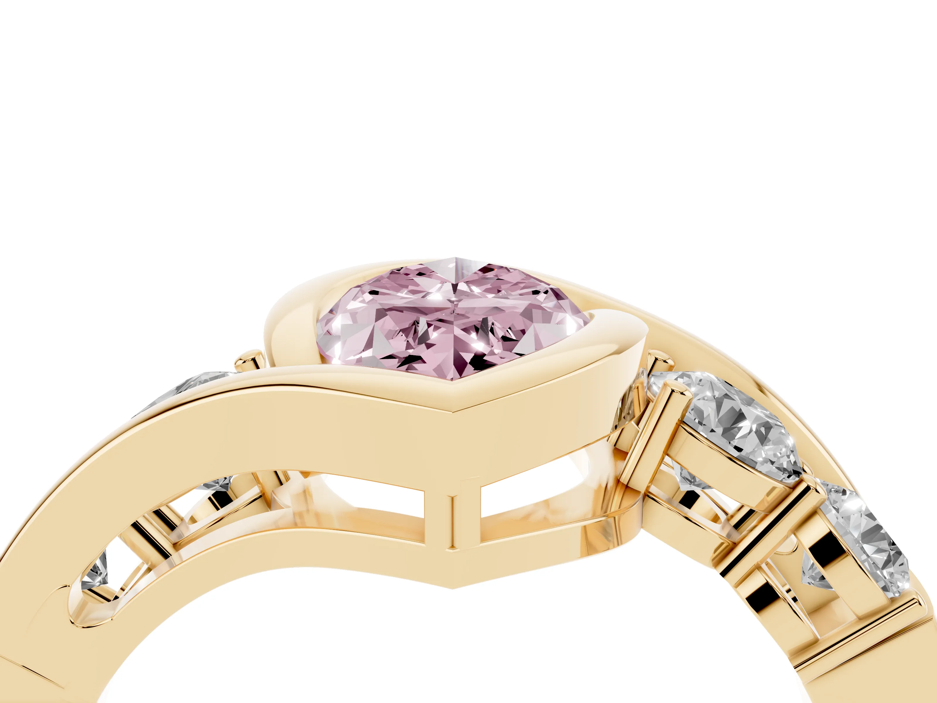 Fancy Pink Marquise Cut Diamond Bezel Bypass Ring Set in Yellow gold with Round Accents