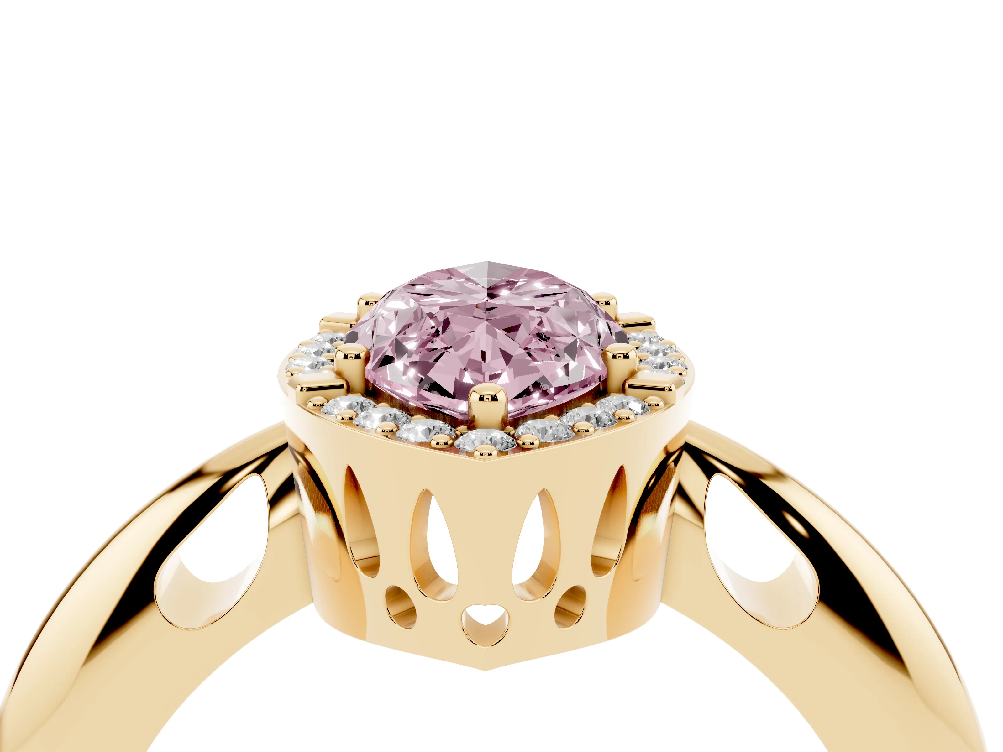 Fancy Pink Marquise Cut Diamond Halo Engagement Ring Set in Yellow gold with Plain Split Shank and Prong Setting