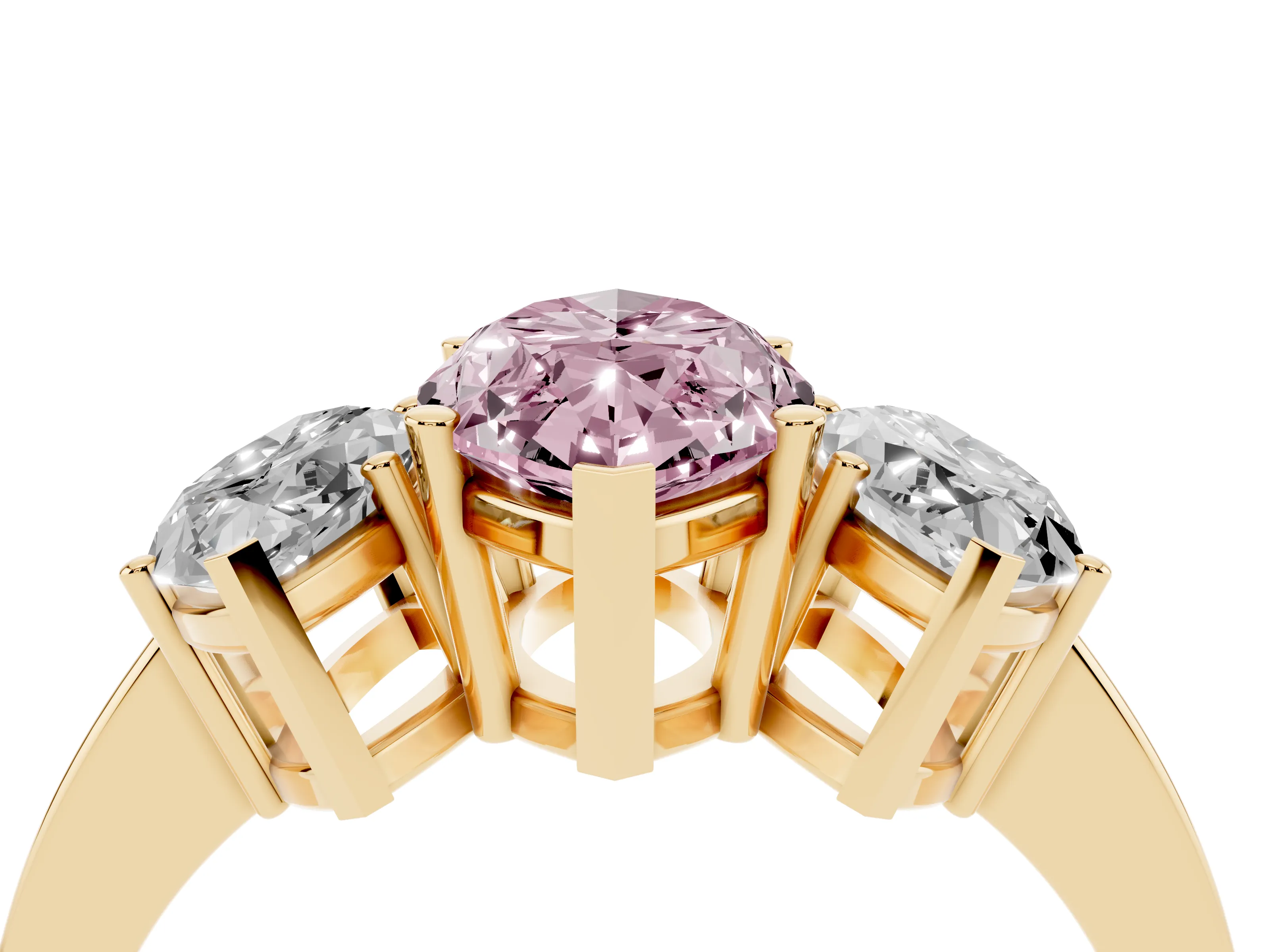 Fancy Pink Marquise Cut Diamond Three-Stone Engagement Ring Set in Yellow gold with Flat Band