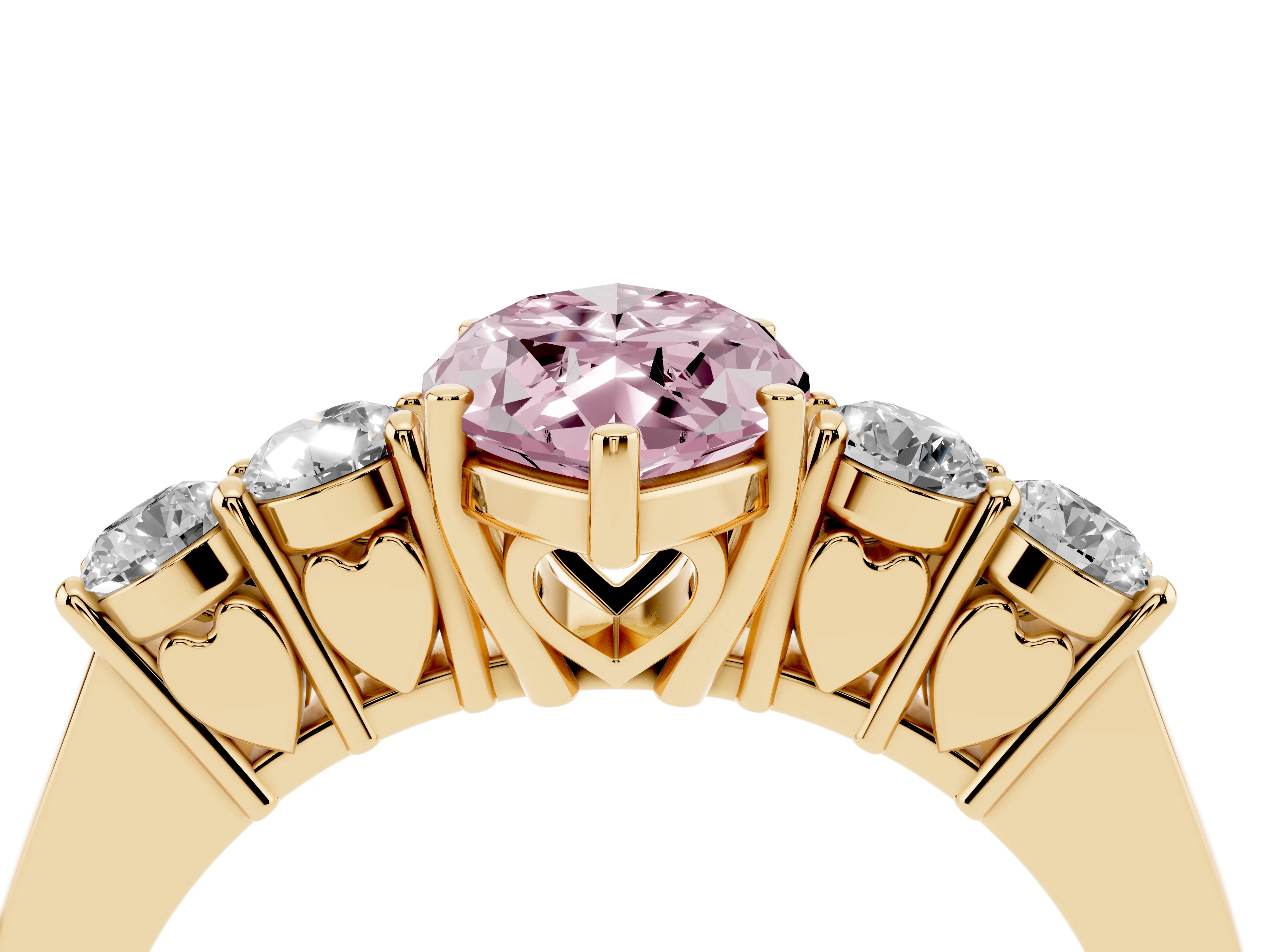 Fancy Pink Marquise Cut Diamond Five-Stone Prong Set Band Ring Set in Yellow gold with Polished Band