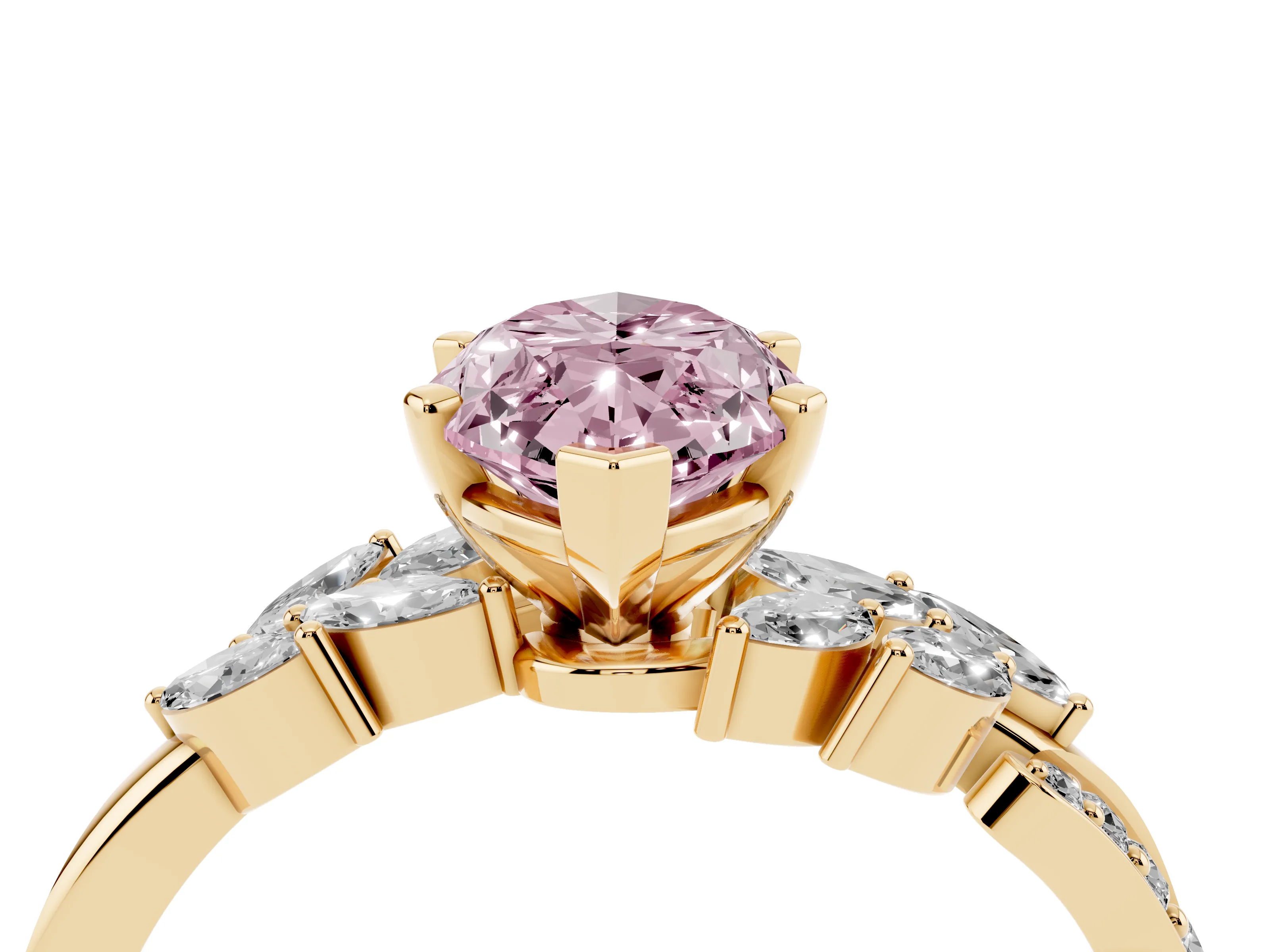 Fancy Pink Marquise Cut Diamond Solitaire Ring Set in Yellow gold with Marquise Twist Band and Prong Setting