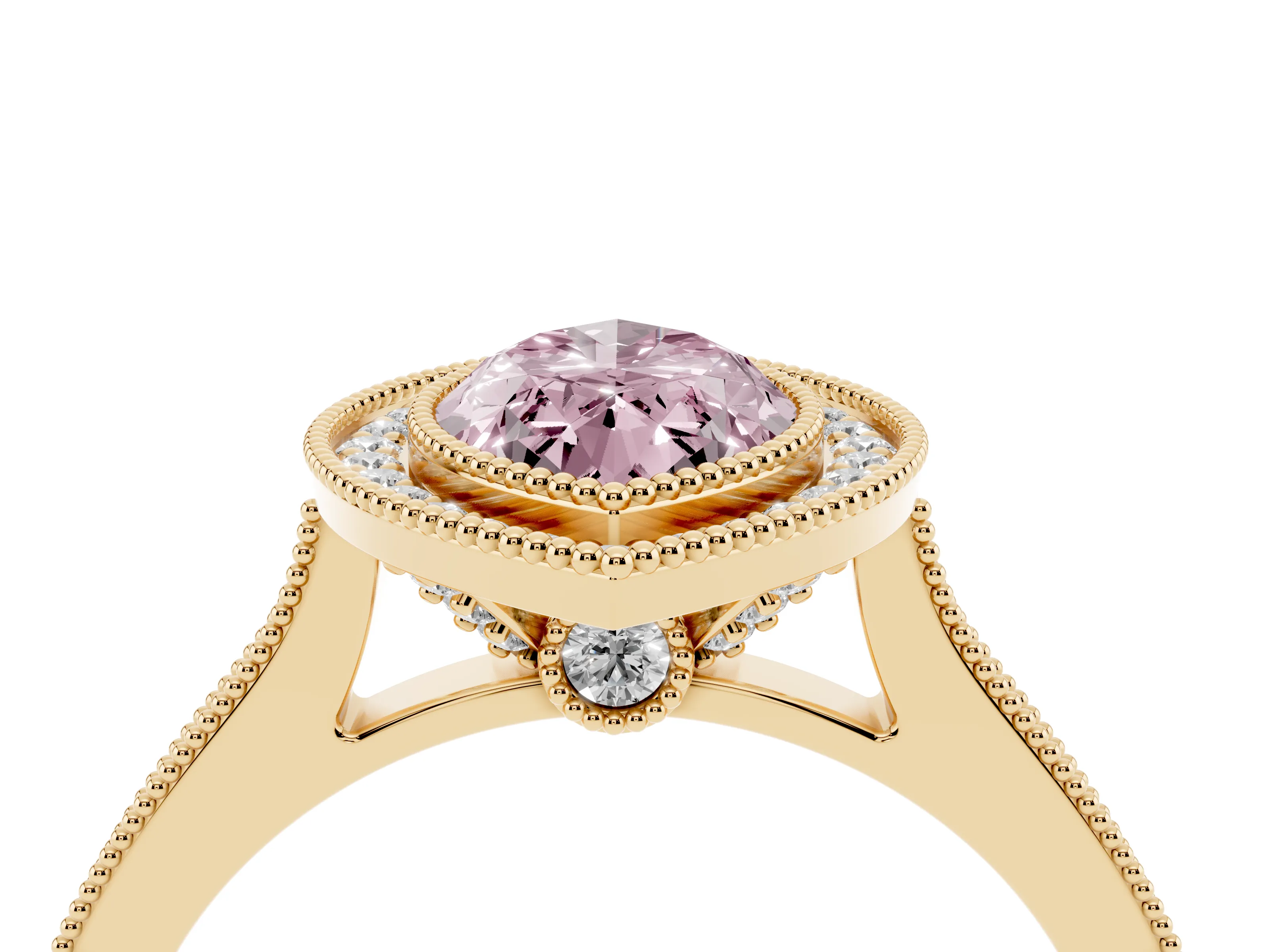 Fancy Pink Marquise Cut Diamond Halo Milgrain Pavé Band Ring Set in Yellow gold with Prong Setting
