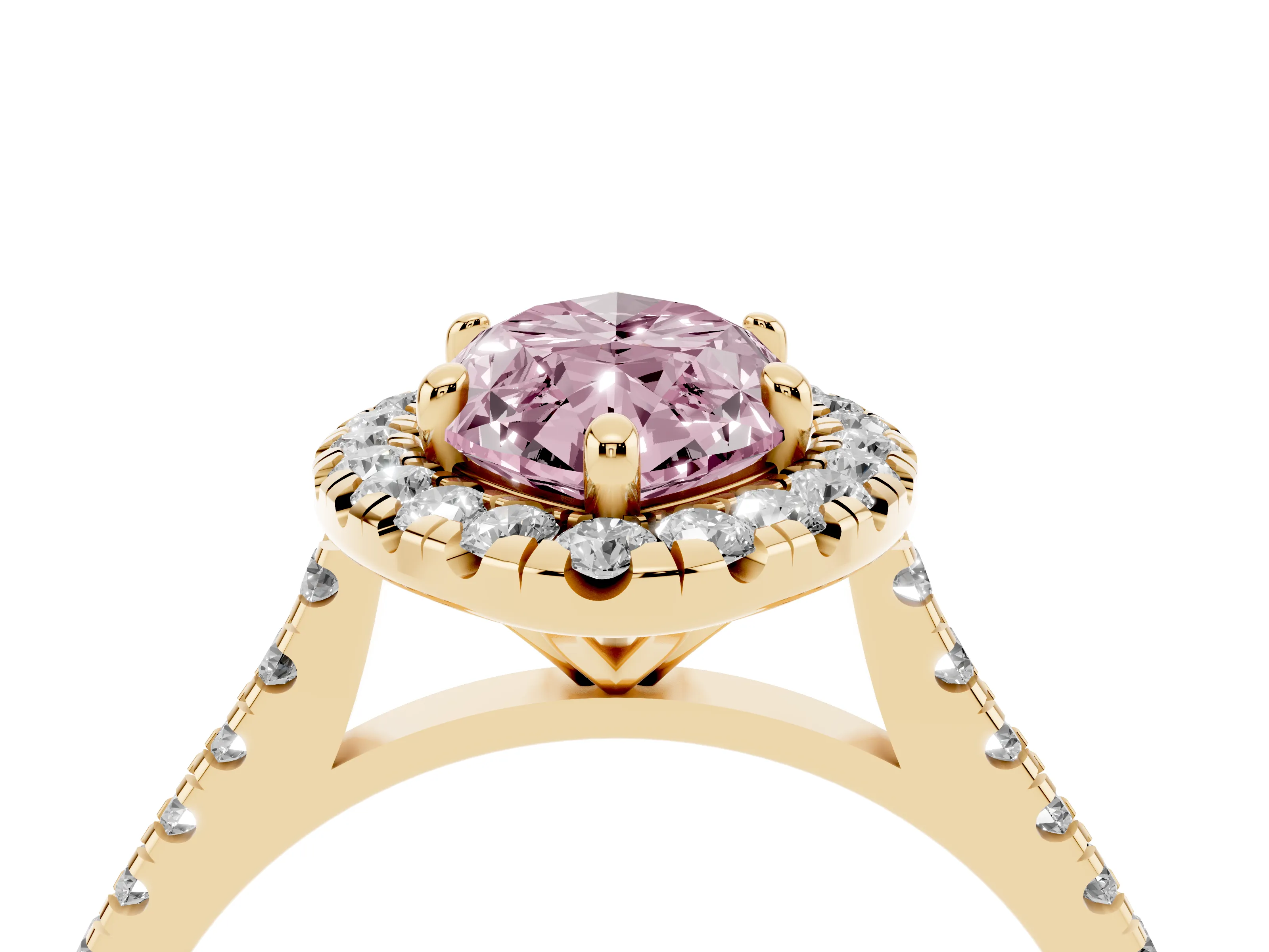 Fancy Pink Marquise Cut Diamond Cushion Halo Ring Set in Yellow gold with Pavé Band