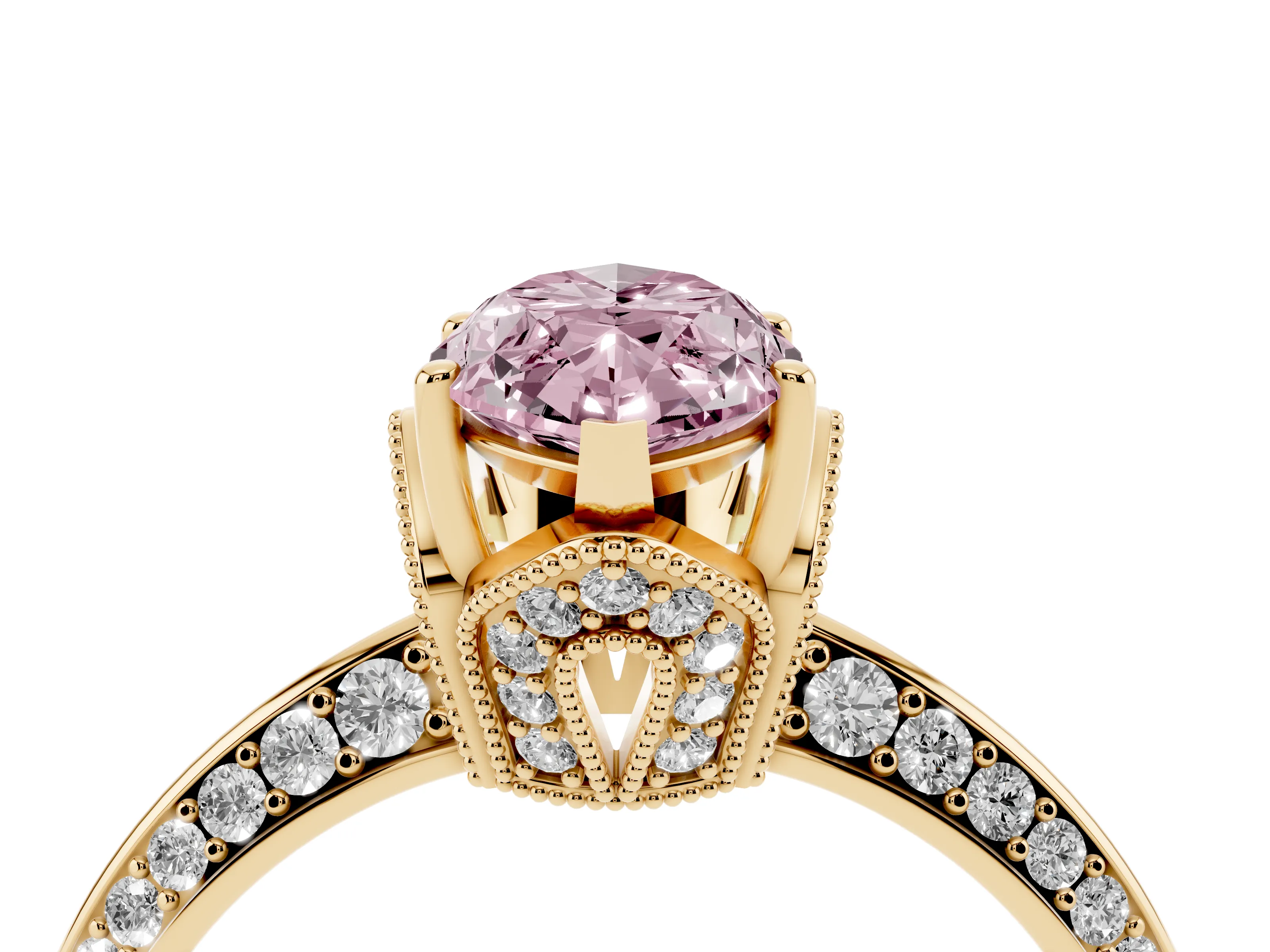 Fancy Pink Marquise Cut Diamond Solitaire Engagement Ring Set in Yellow gold with Pavé Split Shank and Prong Setting