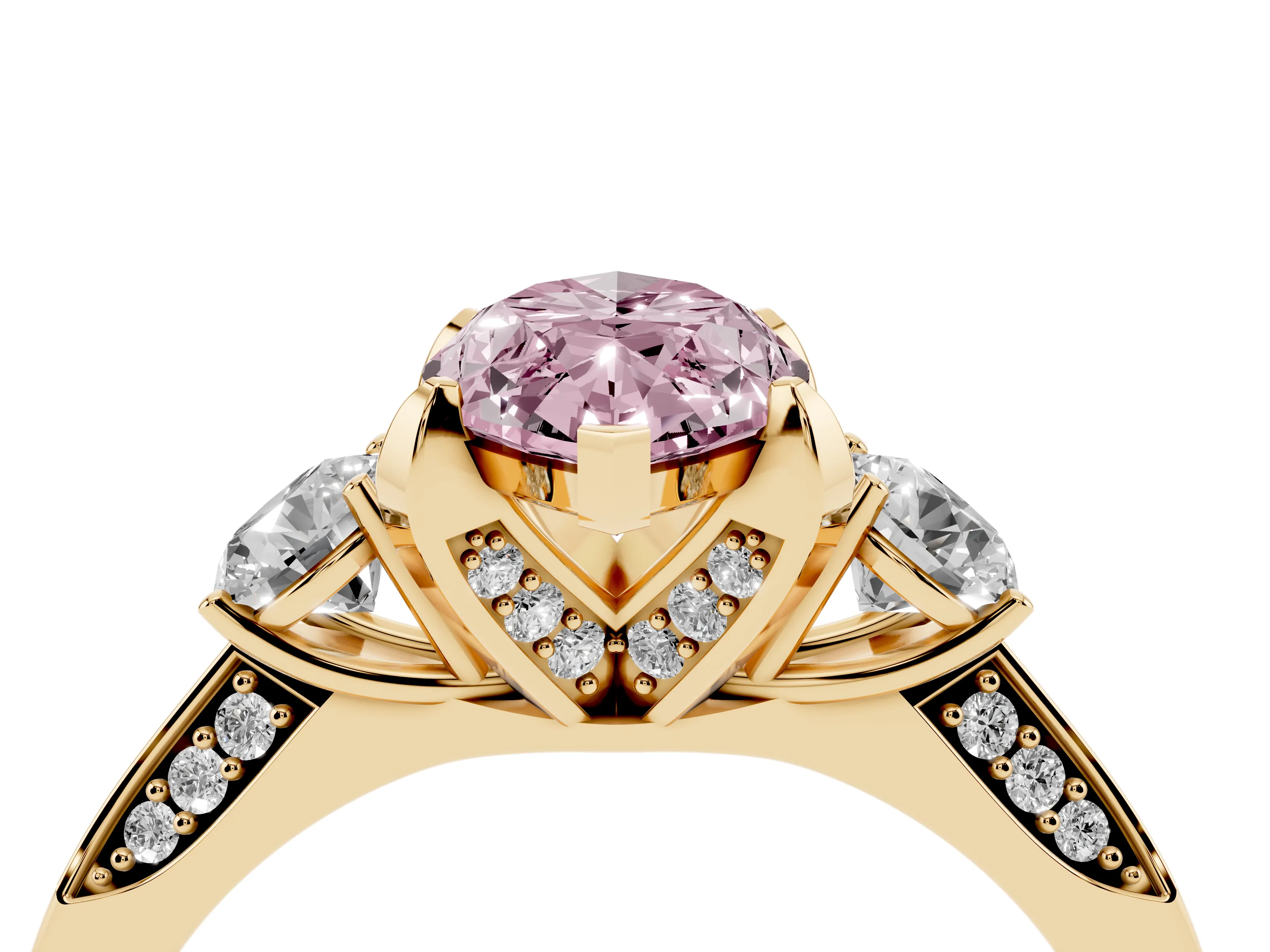 Fancy Pink Marquise Cut Diamond Three-Stone Ring Set in Yellow gold with Pavé Band and Smaller Side Stones