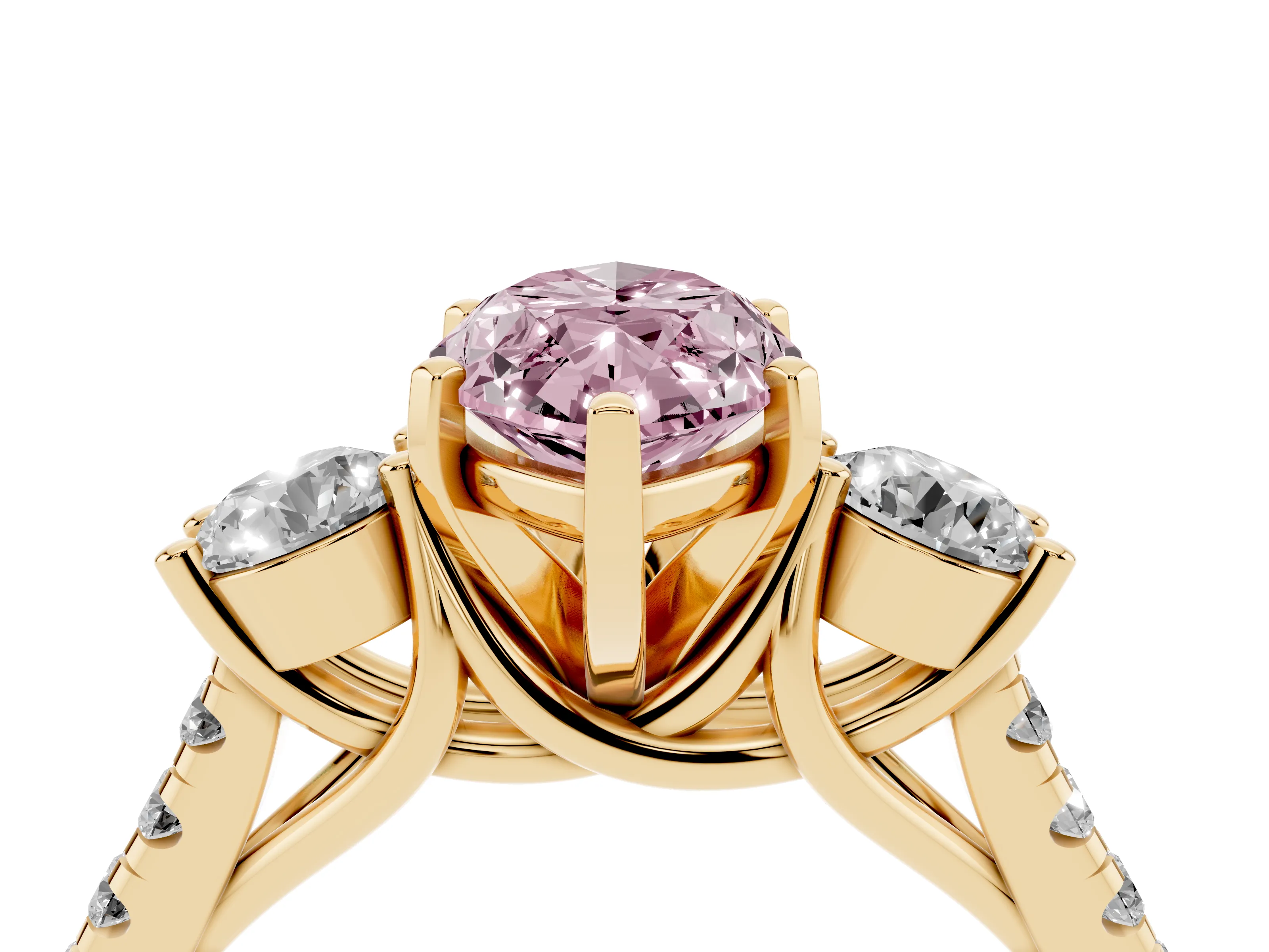 Fancy Pink Three-Stone Marquise Cut Diamond Pavé Band Ring Set in Yellow gold with Prong-Set Trio