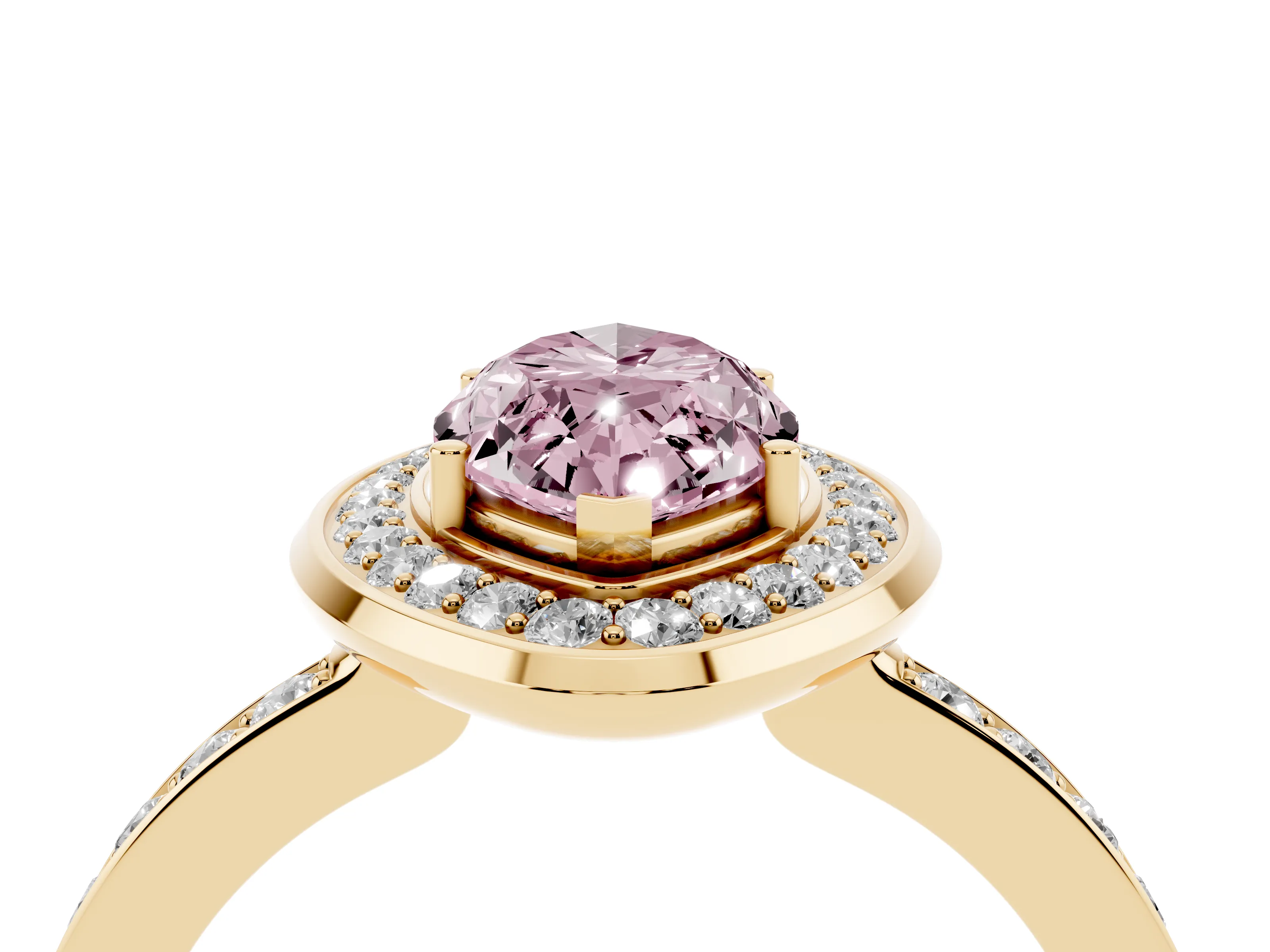 Fancy Pink Marquise Cut Diamond Halo Ring Set in Yellow gold with Bezel Frame and Pavé Band