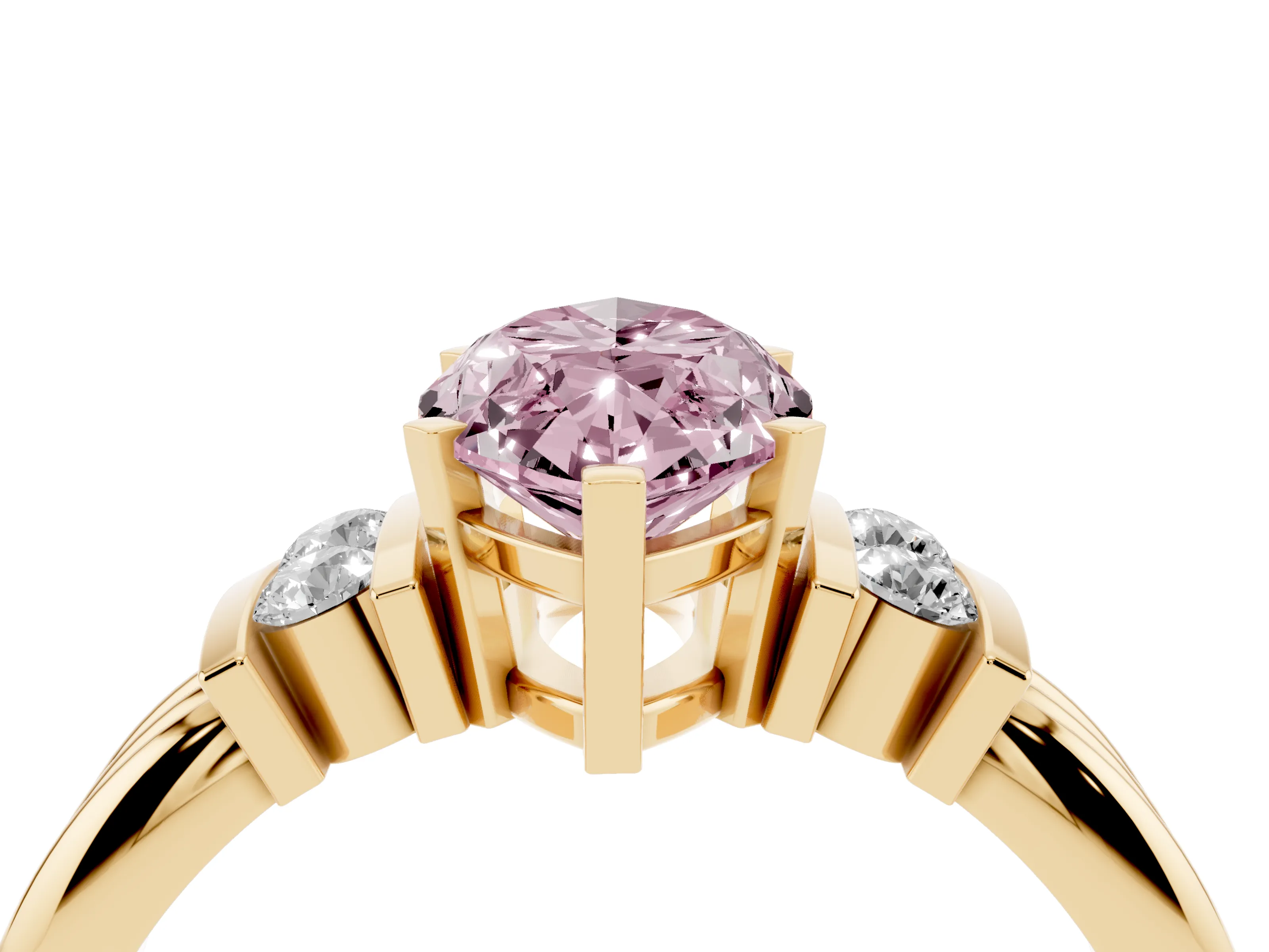 Fancy Pink Three-Stone Marquise Cut Diamond Channel Set Ring Set in Yellow gold with Bar Prongs