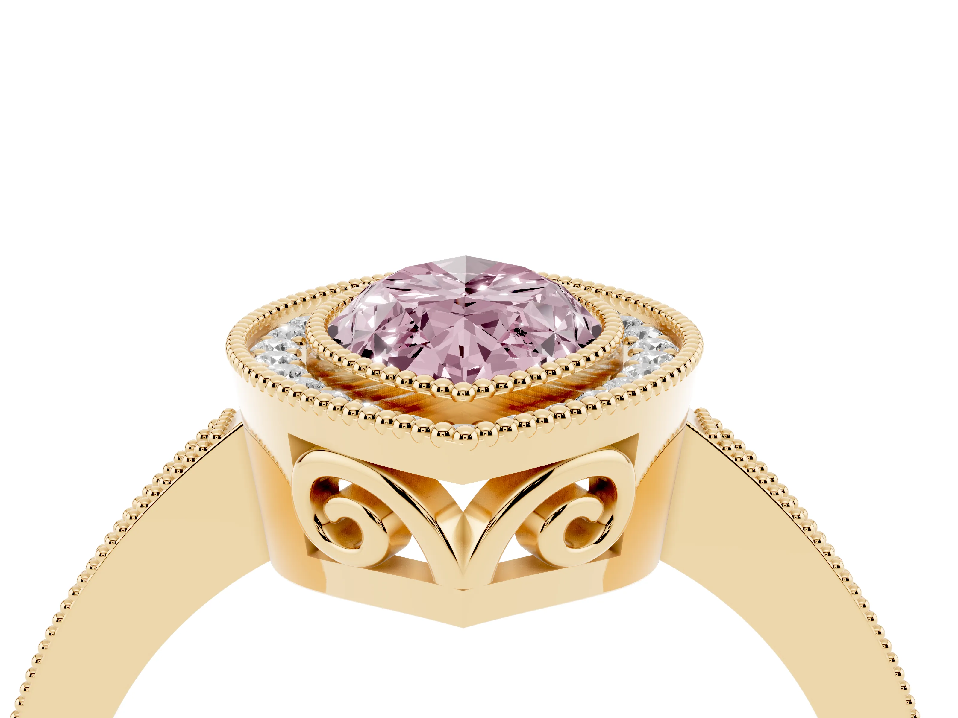 Fancy Pink Marquise Cut Diamond Halo Ring Set in Yellow gold with Pavé Band and Milgrain-Edged Prongs