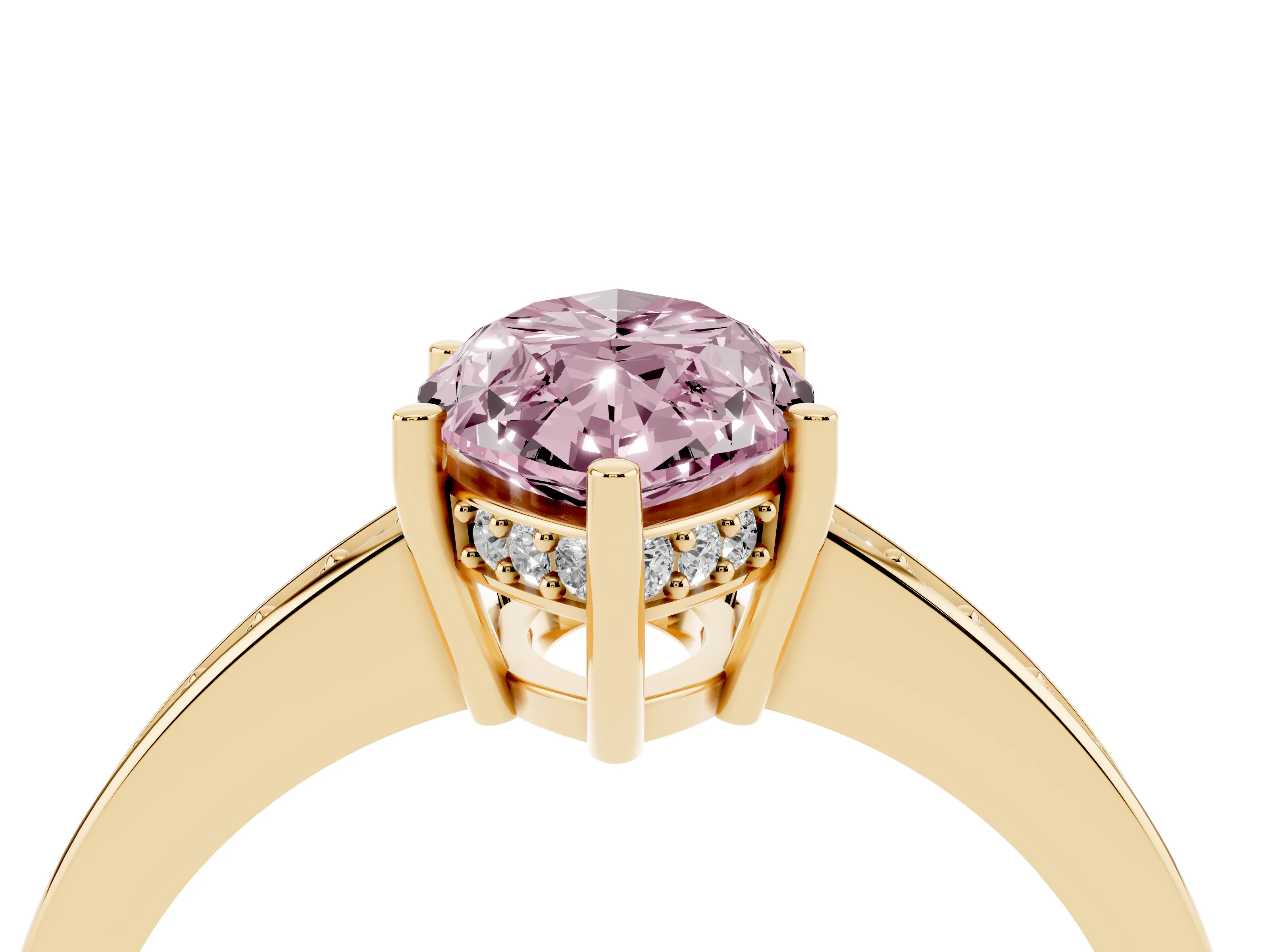 Fancy Pink Marquise Cut Diamond Pavé Band Prong Set Solitaire Ring Set in Yellow gold