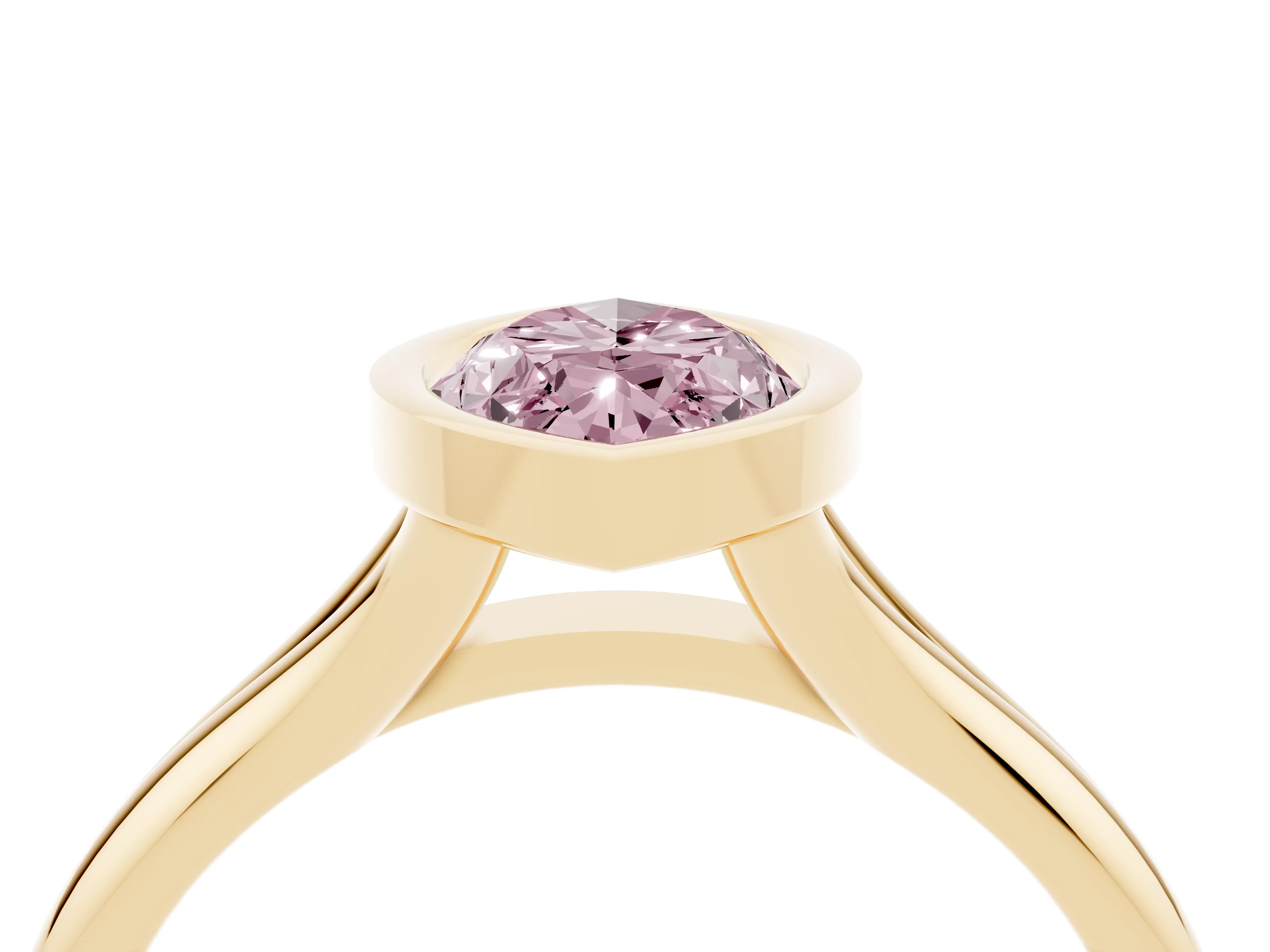 Fancy Pink Bezel Set Marquise Cut Diamond Solitaire Ring Set in Yellow gold with Smooth Band
