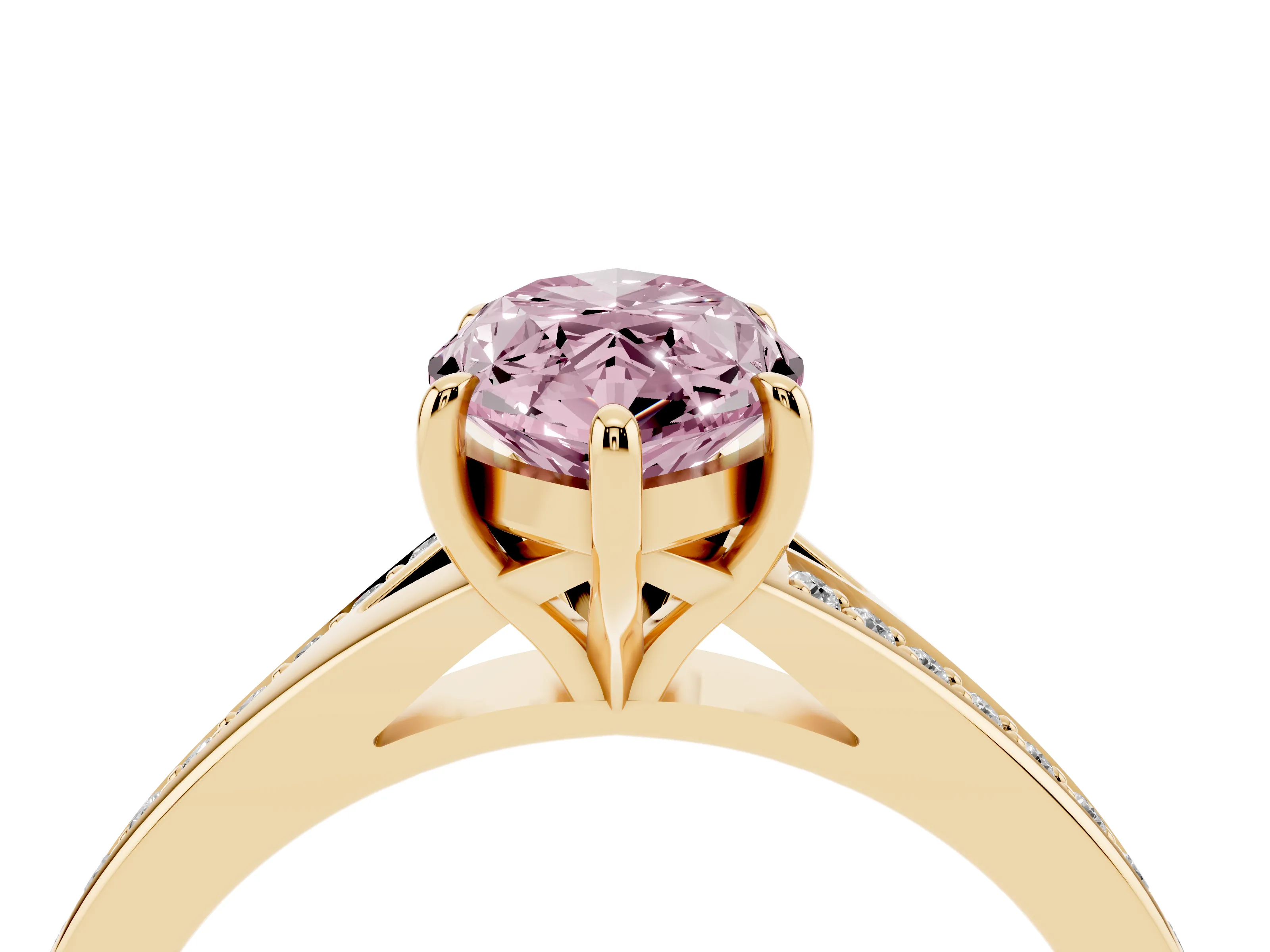 Fancy Pink Marquise Cut Diamond Solitaire Ring Set in Yellow gold with Pavé Accent Band and Classic Prong Setting