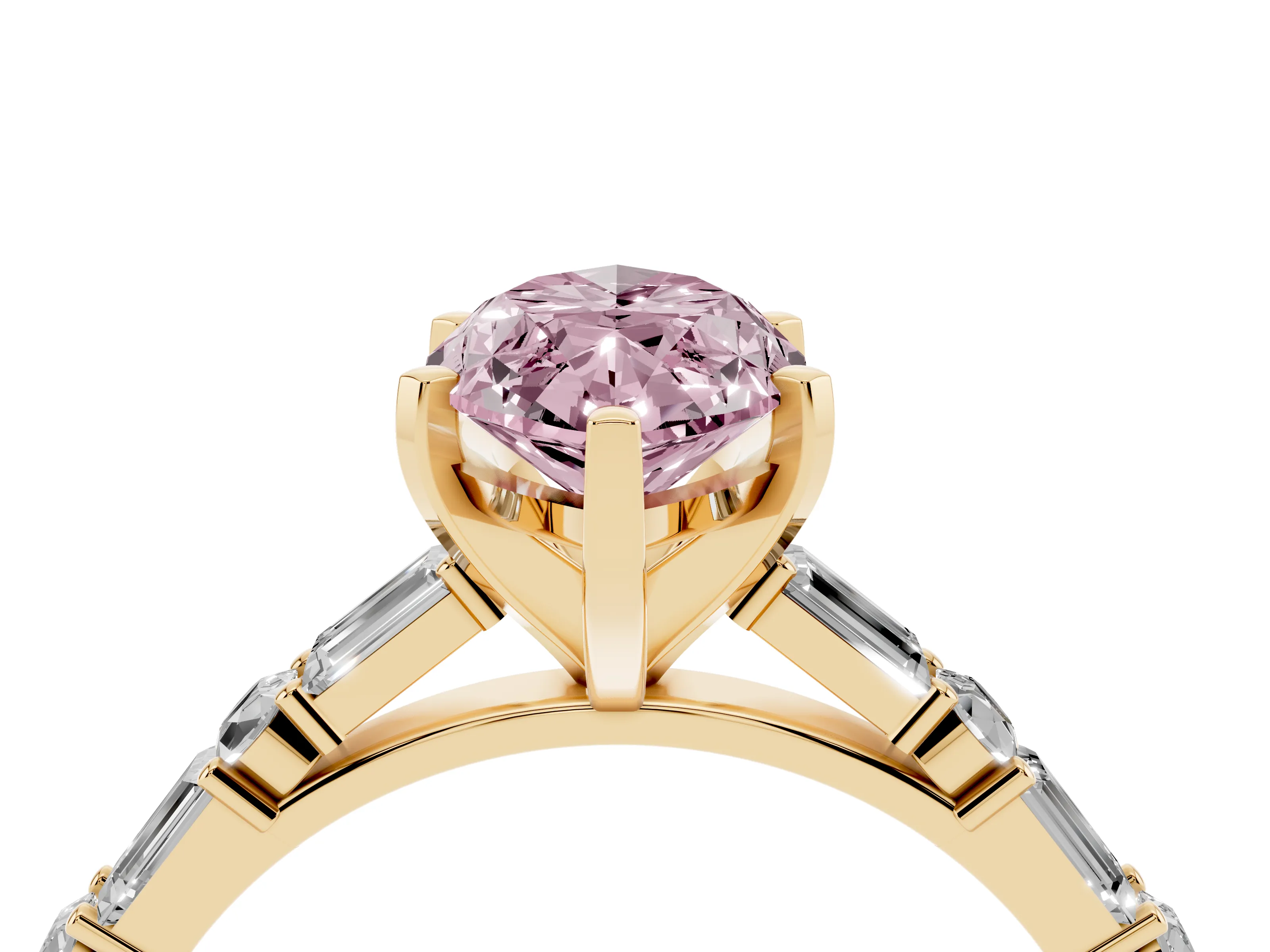 Fancy Pink Marquise Cut Diamond Solitaire Set in Yellow gold with Side Baguettes and Channel Set Band