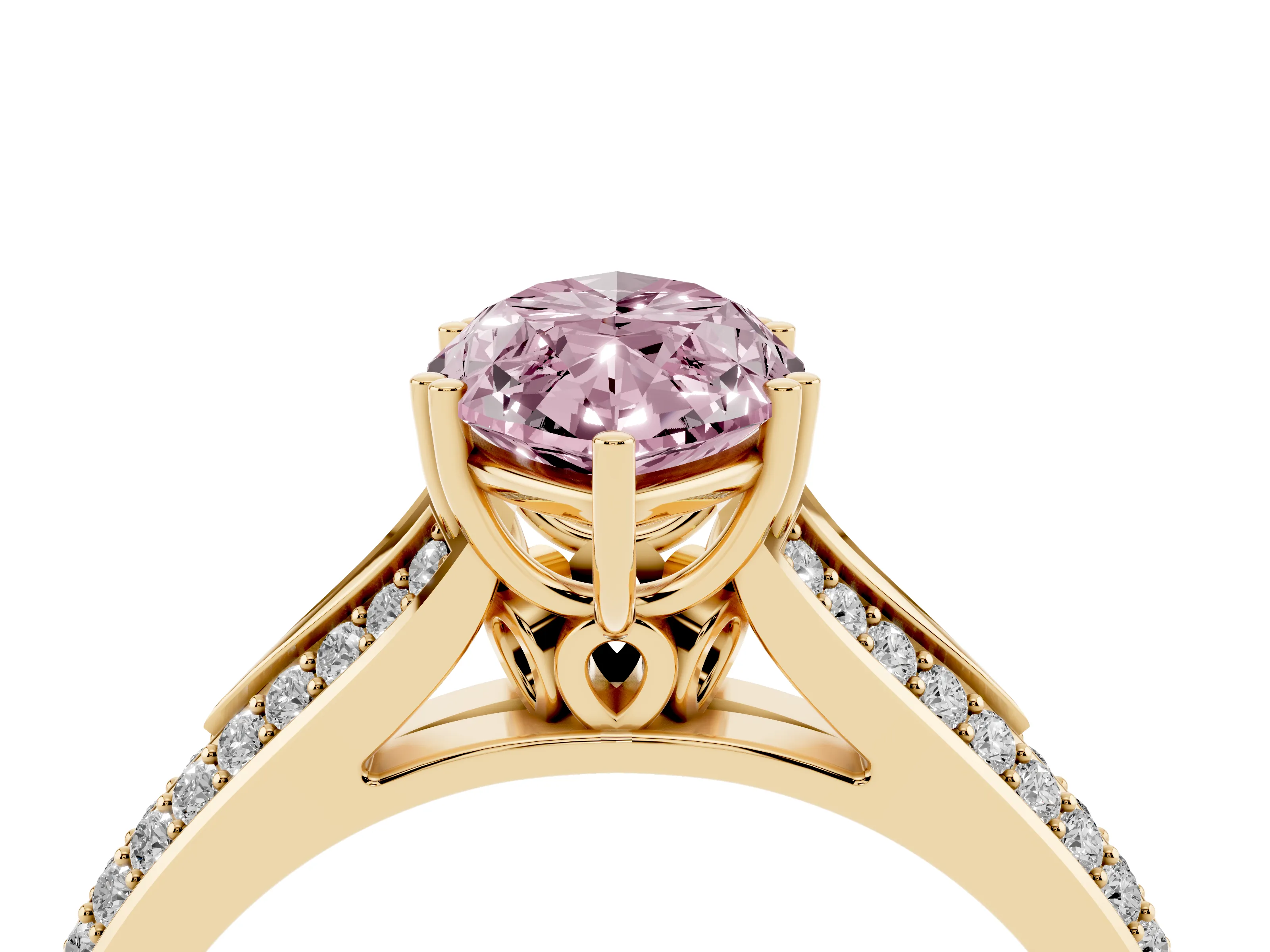Fancy Pink Marquise Cut Diamond Split Shank Pavé Engagement Ring Set in Yellow gold with Prong-Set Center Stone