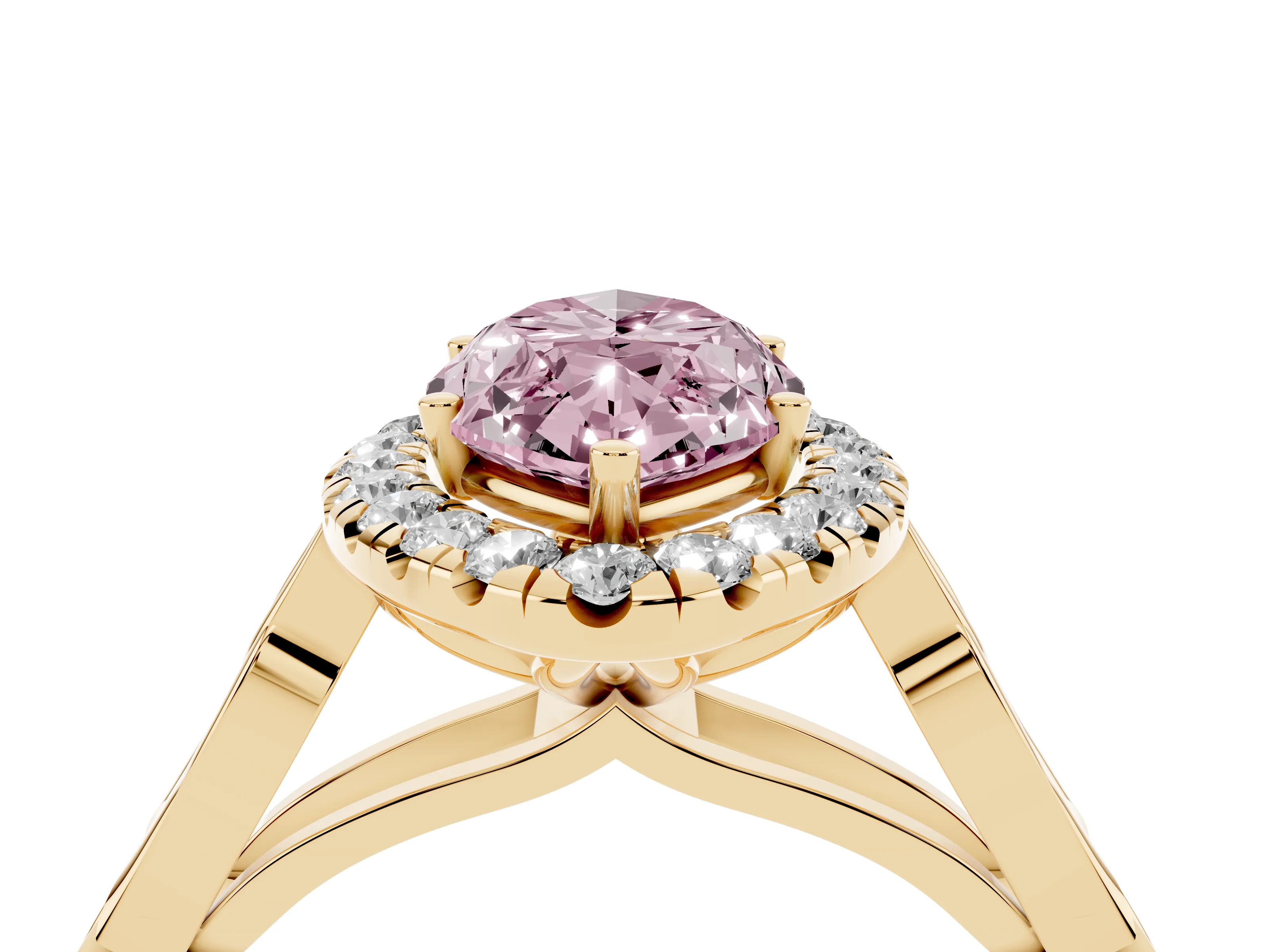 Fancy Pink Marquise Cut Diamond Halo Engagement Ring Set in Yellow gold with Filigree Band and Prong-Set Center