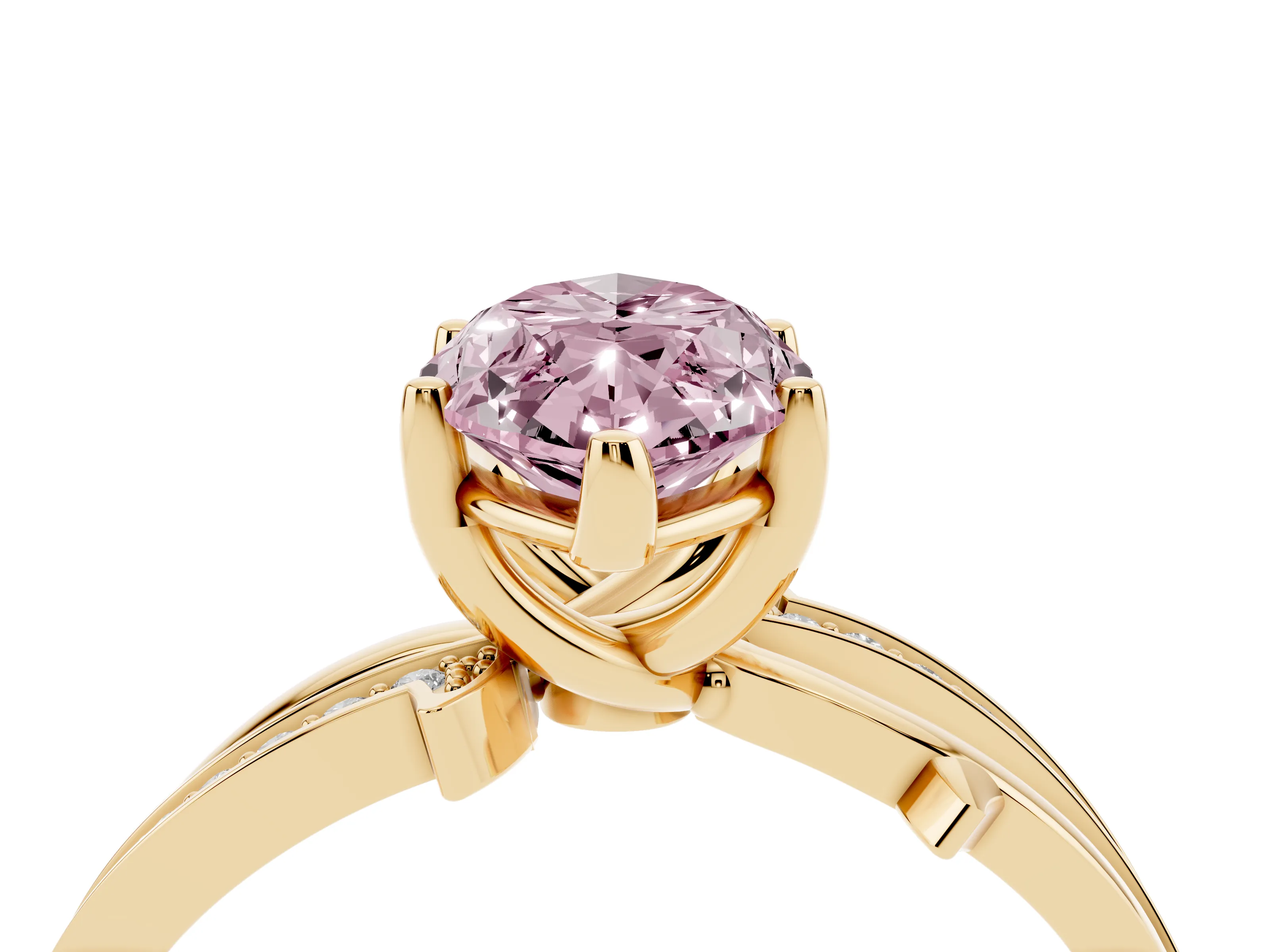 Fancy Pink Marquise Cut Diamond Pavé Twist Band Solitaire Ring Set in Yellow gold with Prong Setting