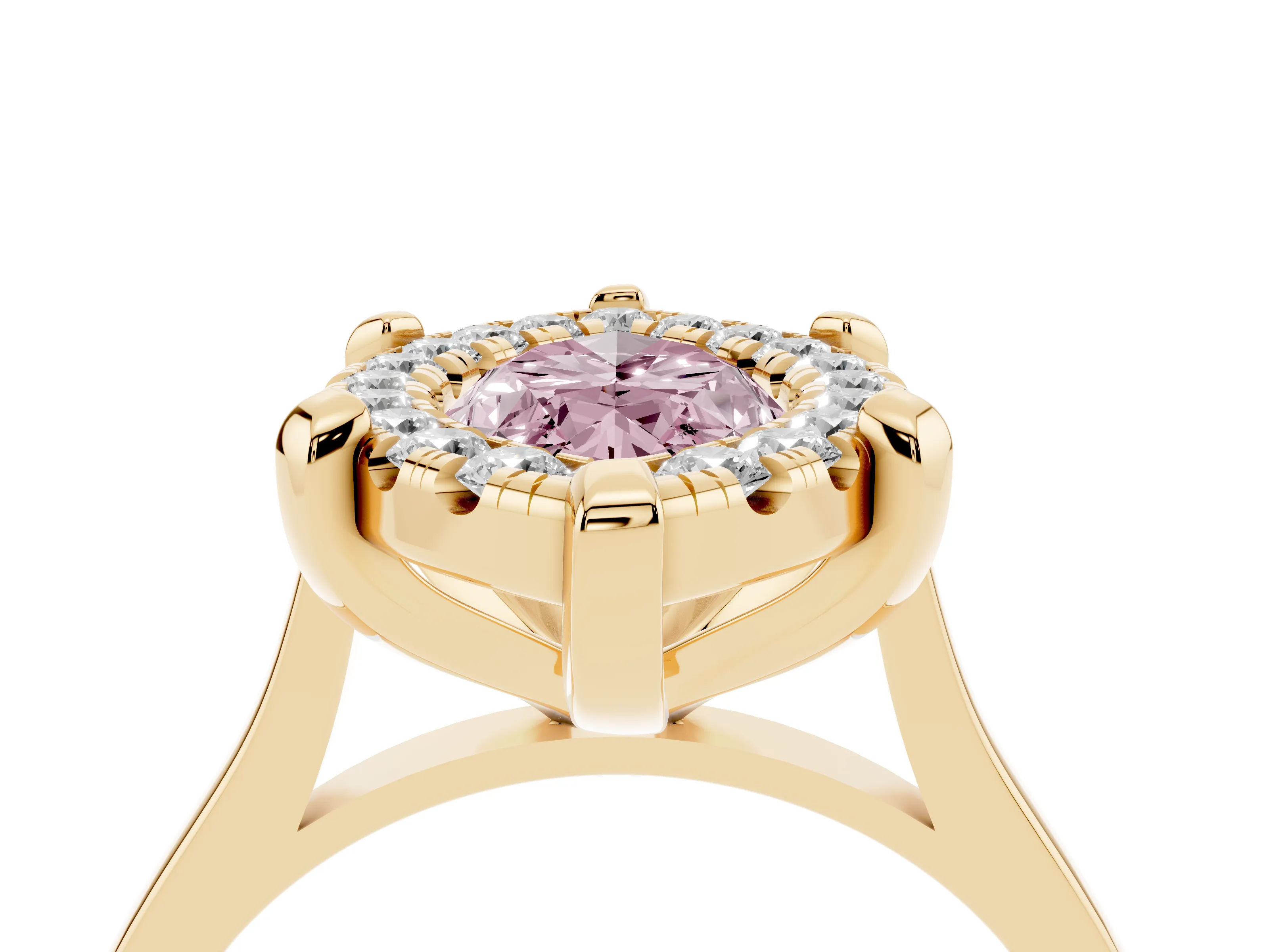 Fancy Pink Marquise Cut Diamond Cluster Halo Solitaire Ring Set in Yellow gold with Prong Setting