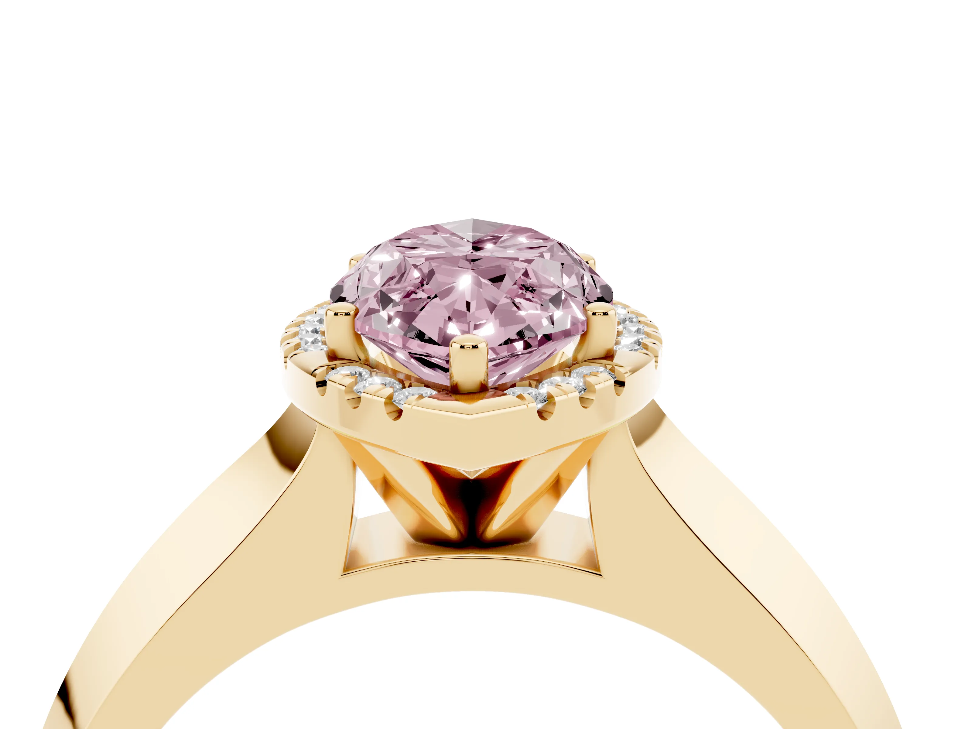 Fancy Pink Marquise Cut Diamond Halo Ring Set in Yellow gold with Cathedral Band and Prong Setting