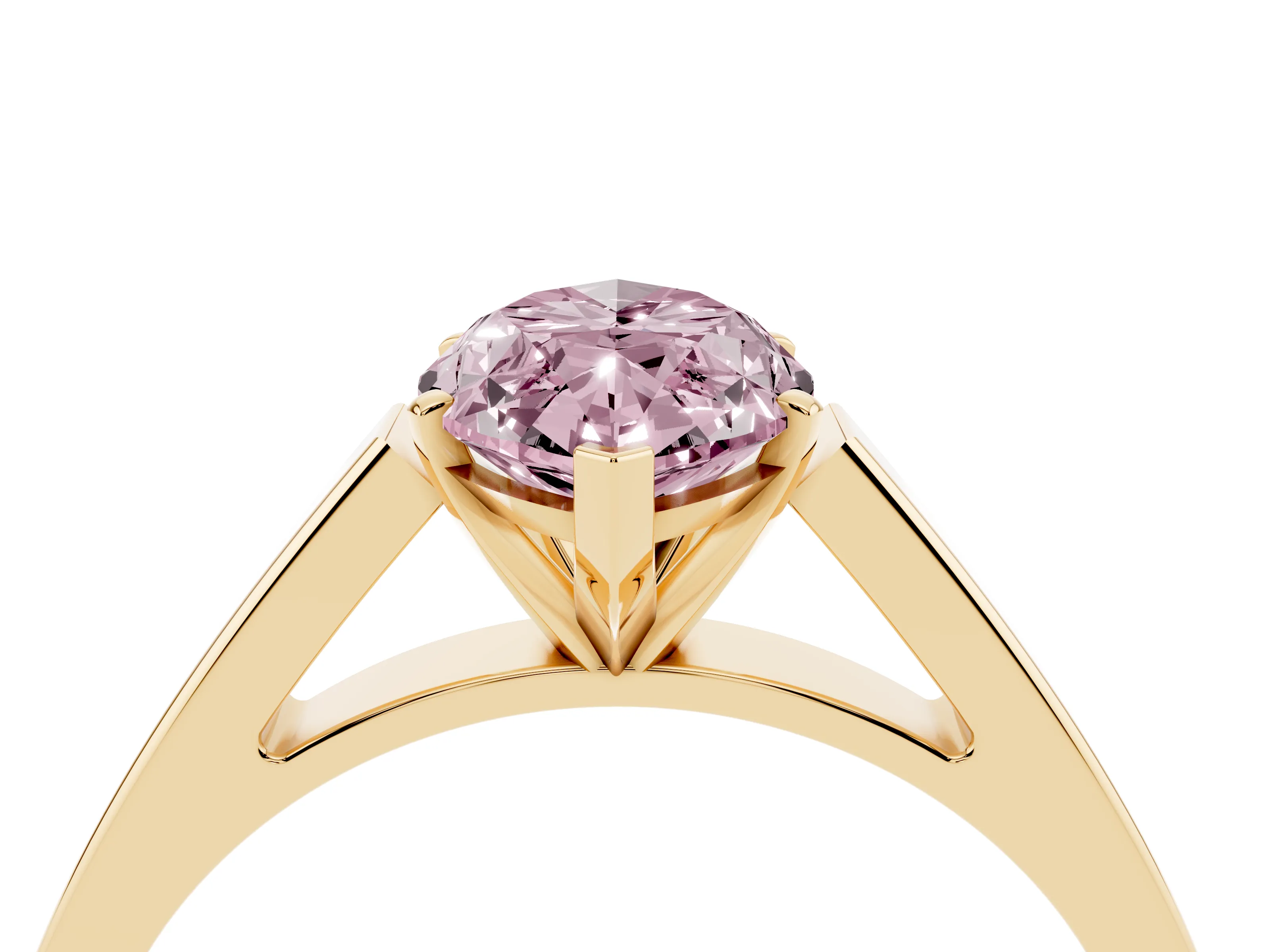 Fancy Pink Marquise Cut Diamond Solitaire Engagement Ring Set in Yellow gold with Prong Setting and Tapered Band