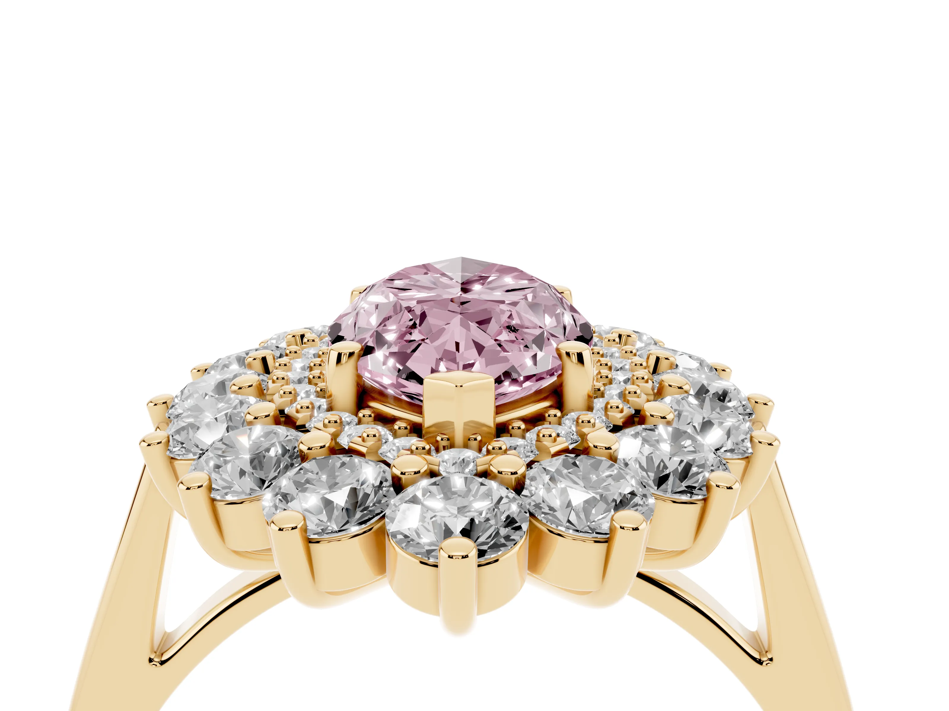 Fancy Pink Marquise Cut Diamond Floral Double Halo Ring Set in Yellow gold with Round Petals