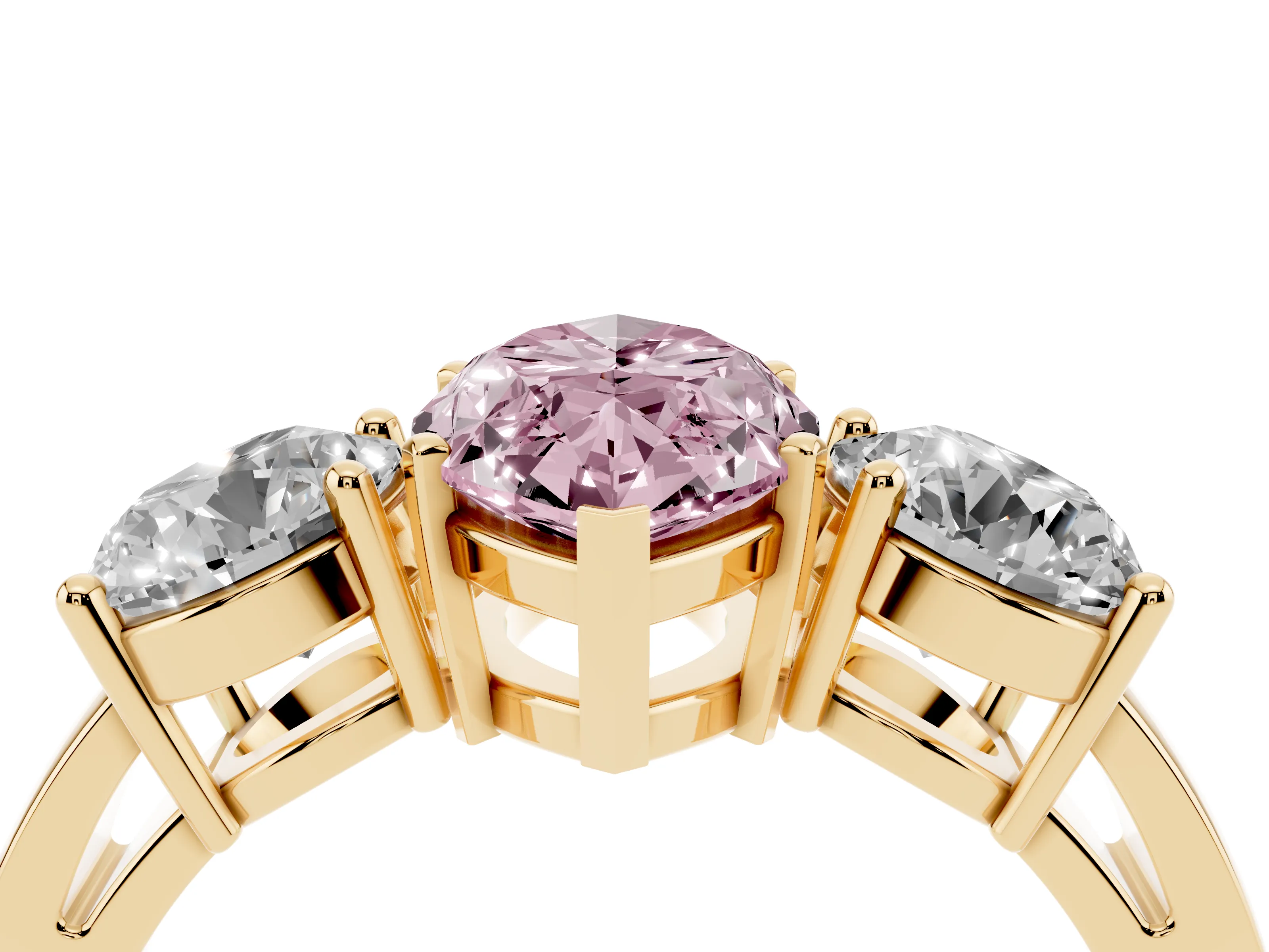 Fancy Pink Marquise Cut Diamond Three-Stone Ring Set in Yellow gold with Round Side Stones and Classic Band