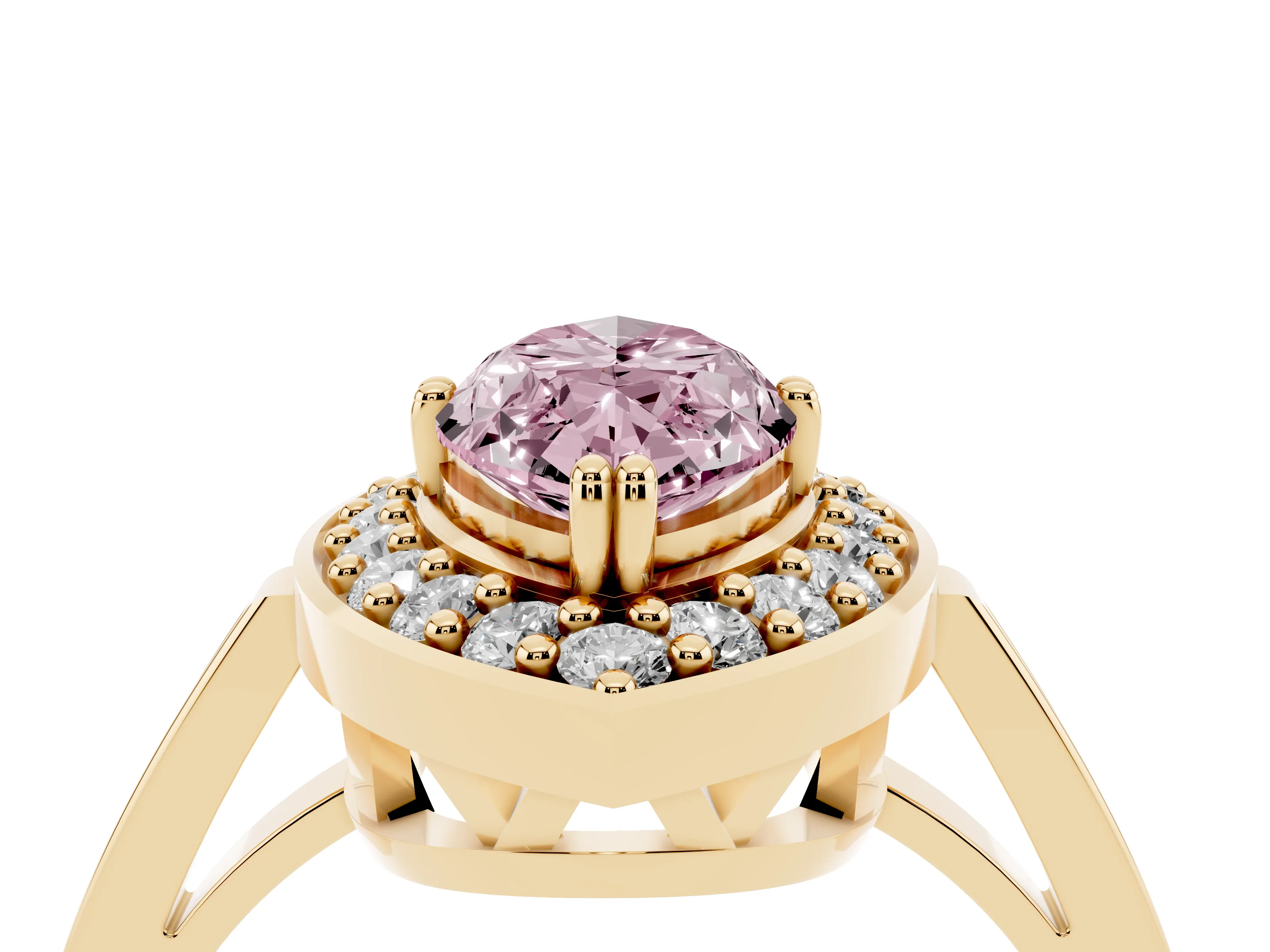 Fancy Pink Marquise Cut Diamond Halo Ring Set in Yellow gold with Accent-Lined Split Shank and Prong Setting