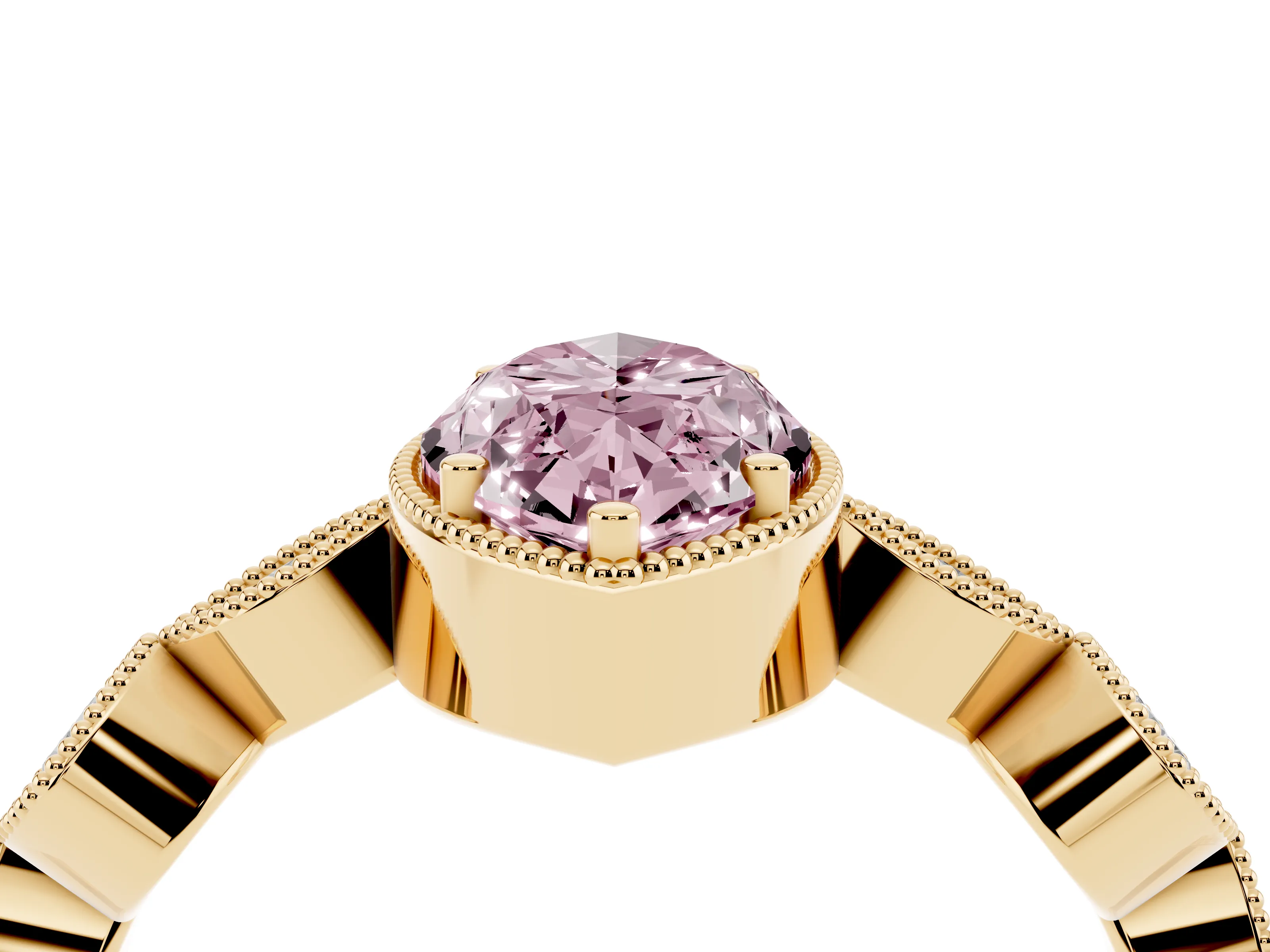 Fancy Pink Marquise Cut Diamond Vintage-Inspired Milgrain Ring Set in Yellow gold with Marquise Stations of Round Accents