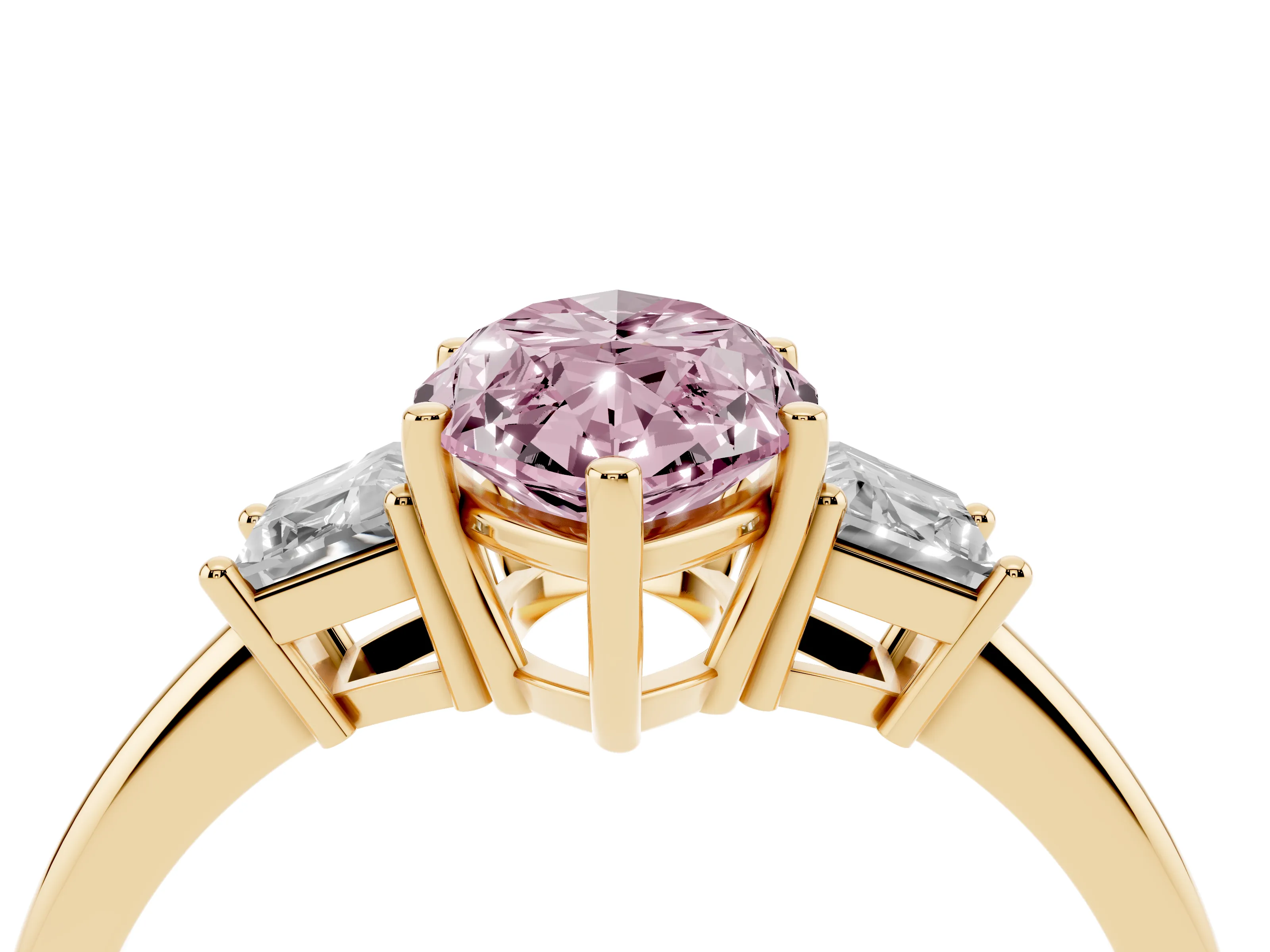 Fancy Pink Marquise Cut Diamond Three-Stone Ring Set in Yellow gold with Trapezoid Side Stones and Prong Setting