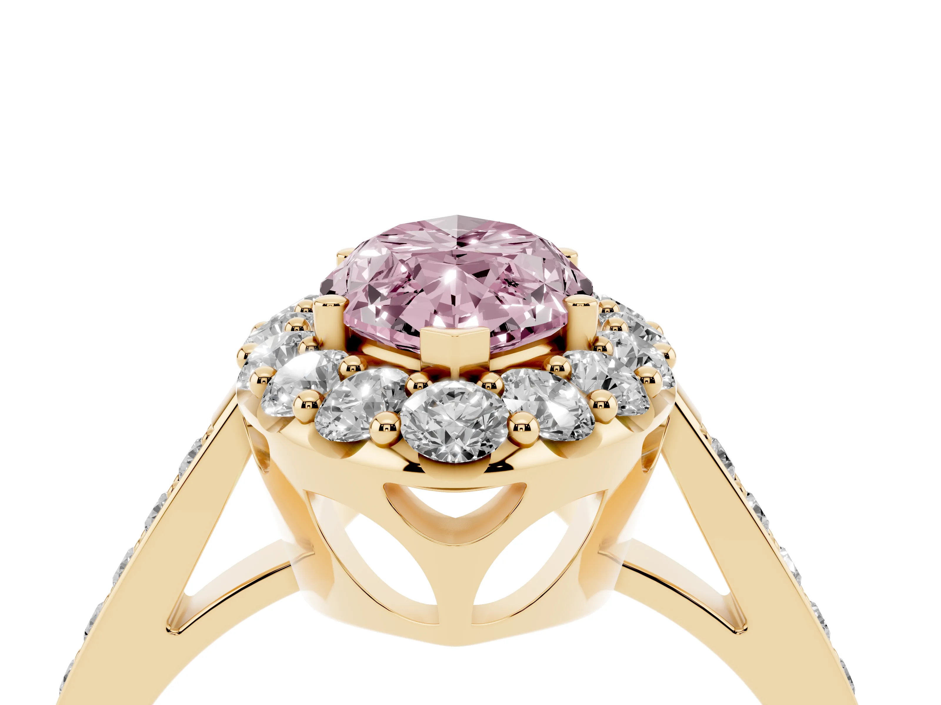 Fancy Pink Marquise Cut Diamond Floral Halo Ring Set in Yellow gold with Pavé Band and Prong Setting