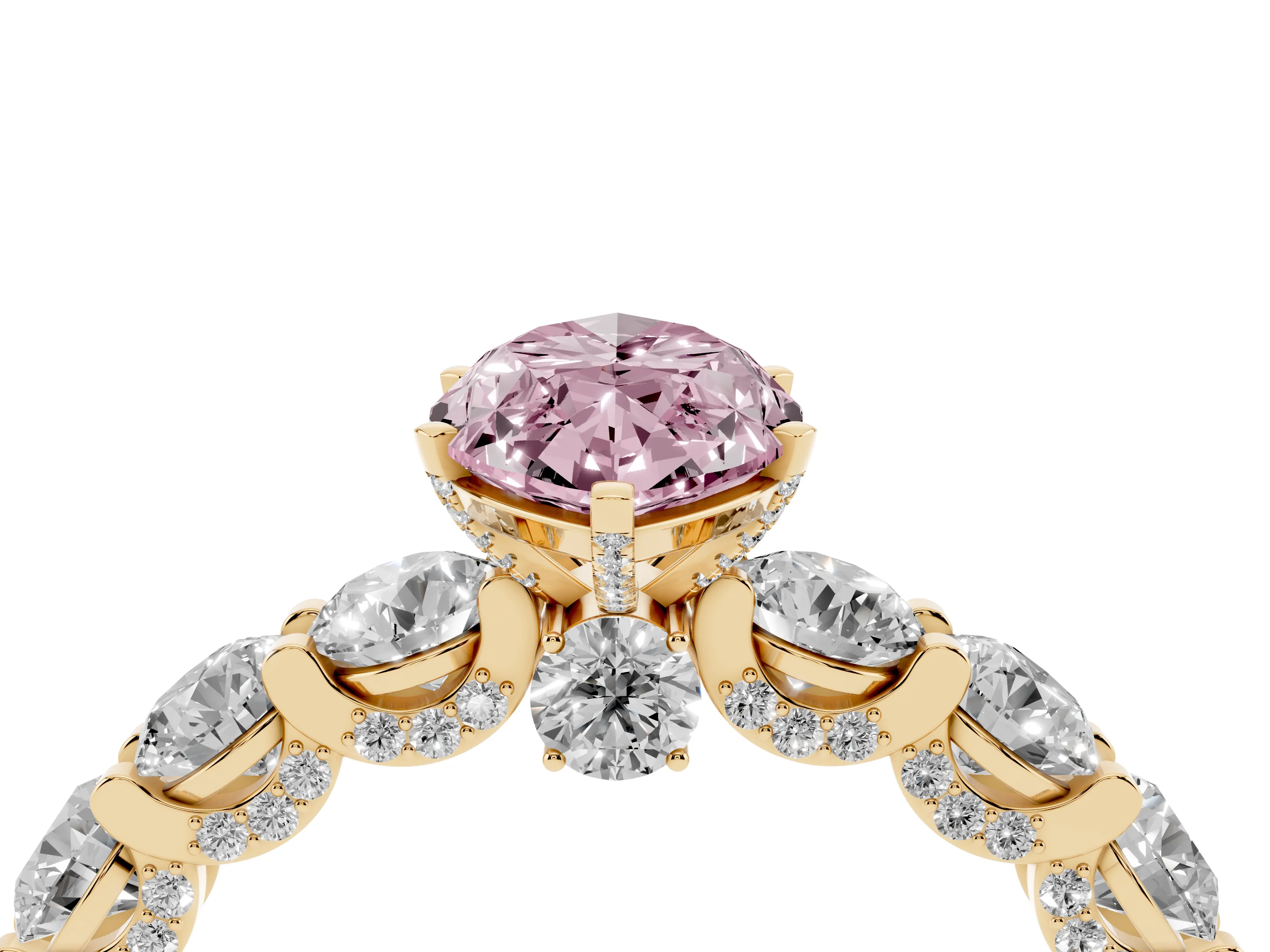 Fancy Pink Marquise Cut Diamond Side Stone Ring Set in Yellow gold with Alternating Round and Oval Side Stones