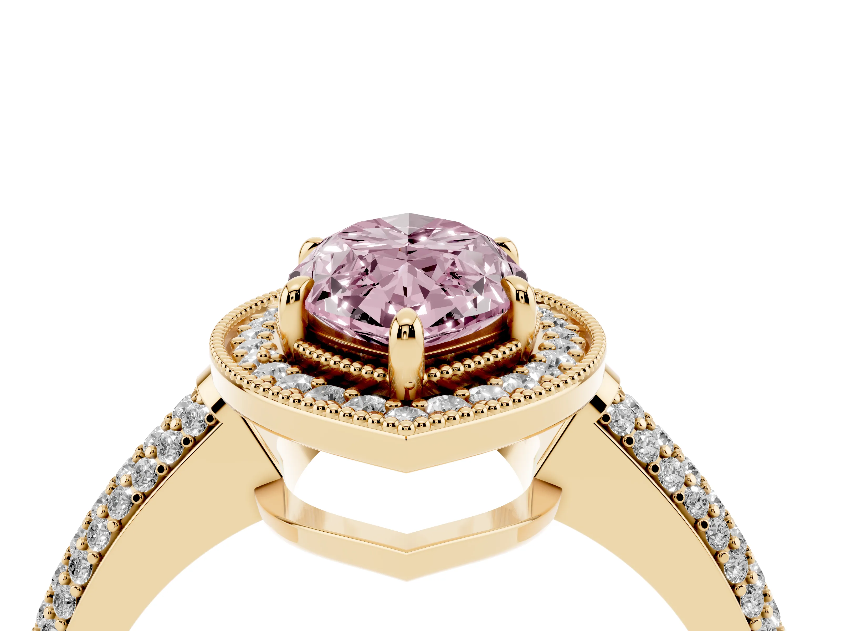 Fancy Pink Marquise Cut Diamond Halo Pavé Band Set in Yellow gold with Prong Setting