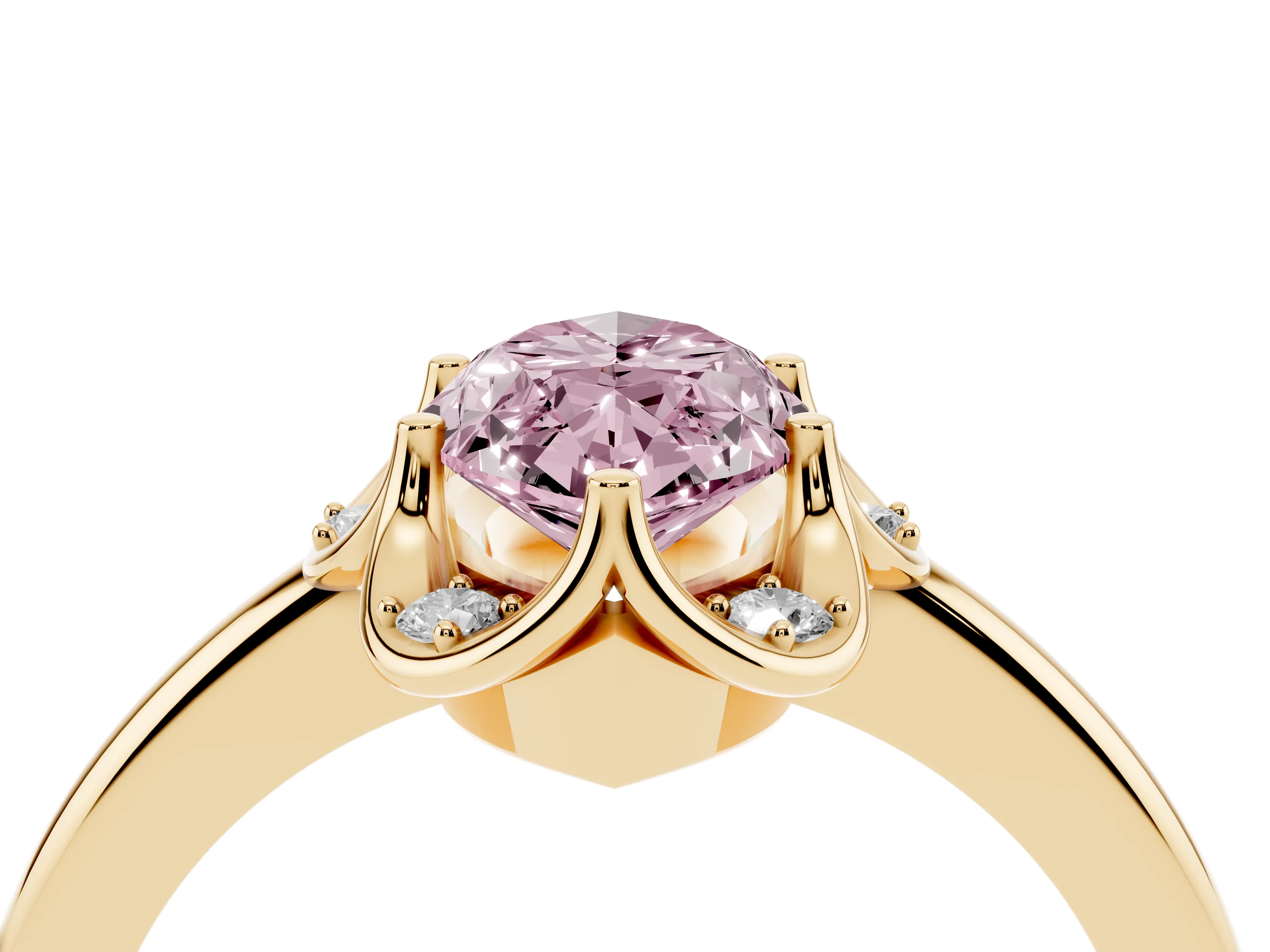 Fancy Pink Marquise Cut Diamond Round Cluster Halo Ring Set in Yellow gold with Solitaire Band and Prong Setting