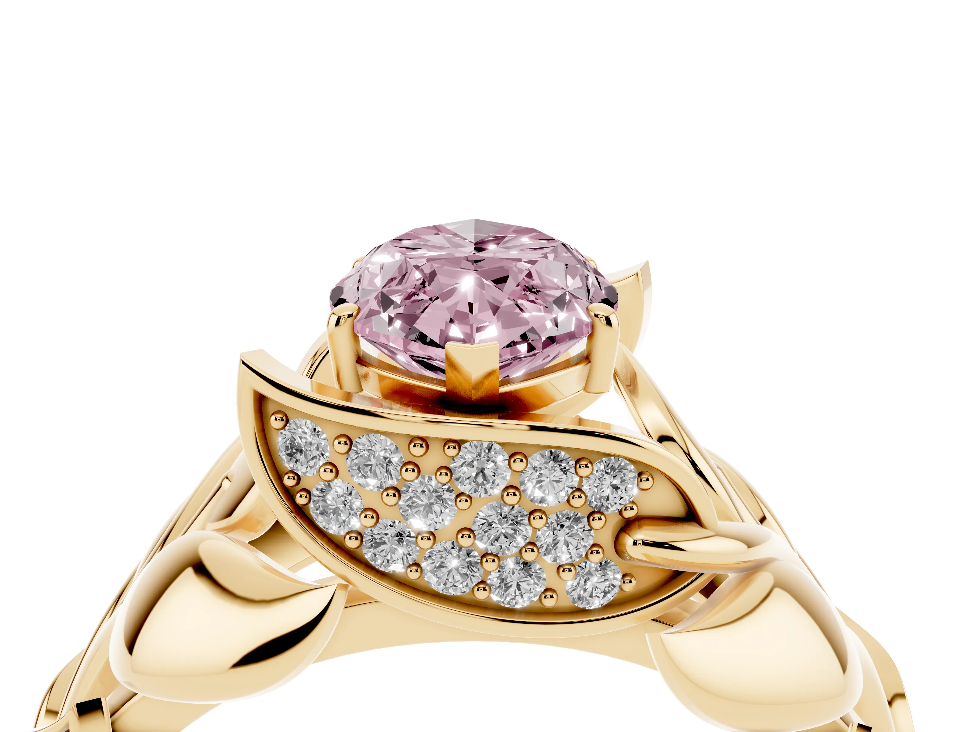 Fancy Pink Marquise Cut Diamond Leaf-Inspired Engagement Ring Set in Yellow gold with Round Accents