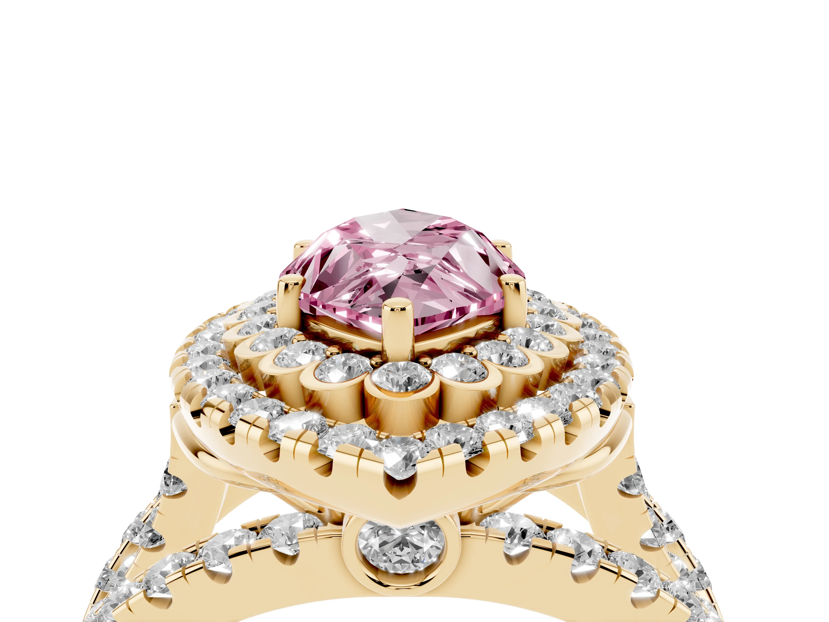 Fancy Pink Marquise Cut Diamond Double Halo Ring Set in Yellow gold with Round Pavé Split Shank