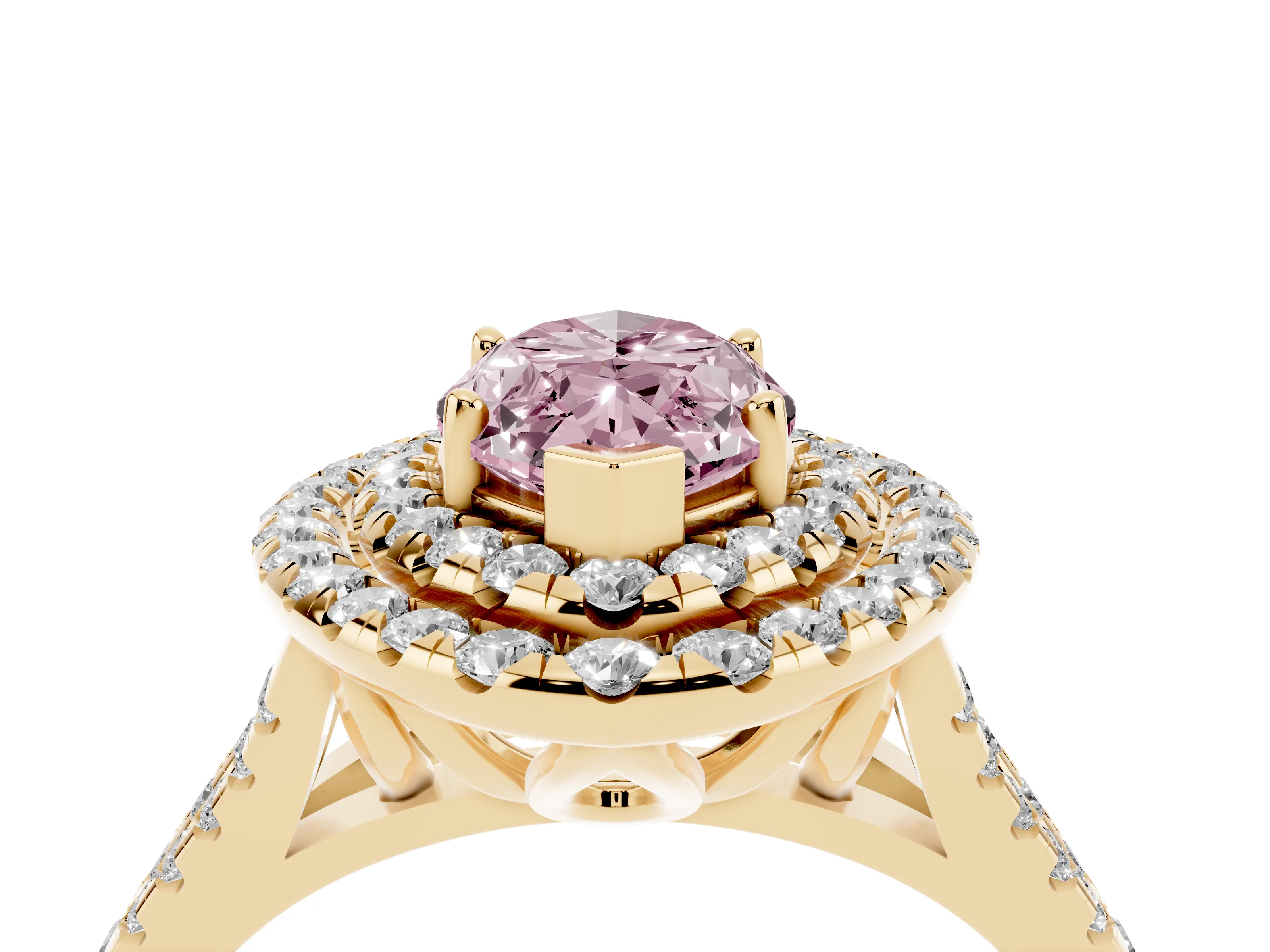 Fancy Pink Marquise Cut Diamond Double Halo Ring Set in Yellow gold with Pavé Split Shank and Prong Setting