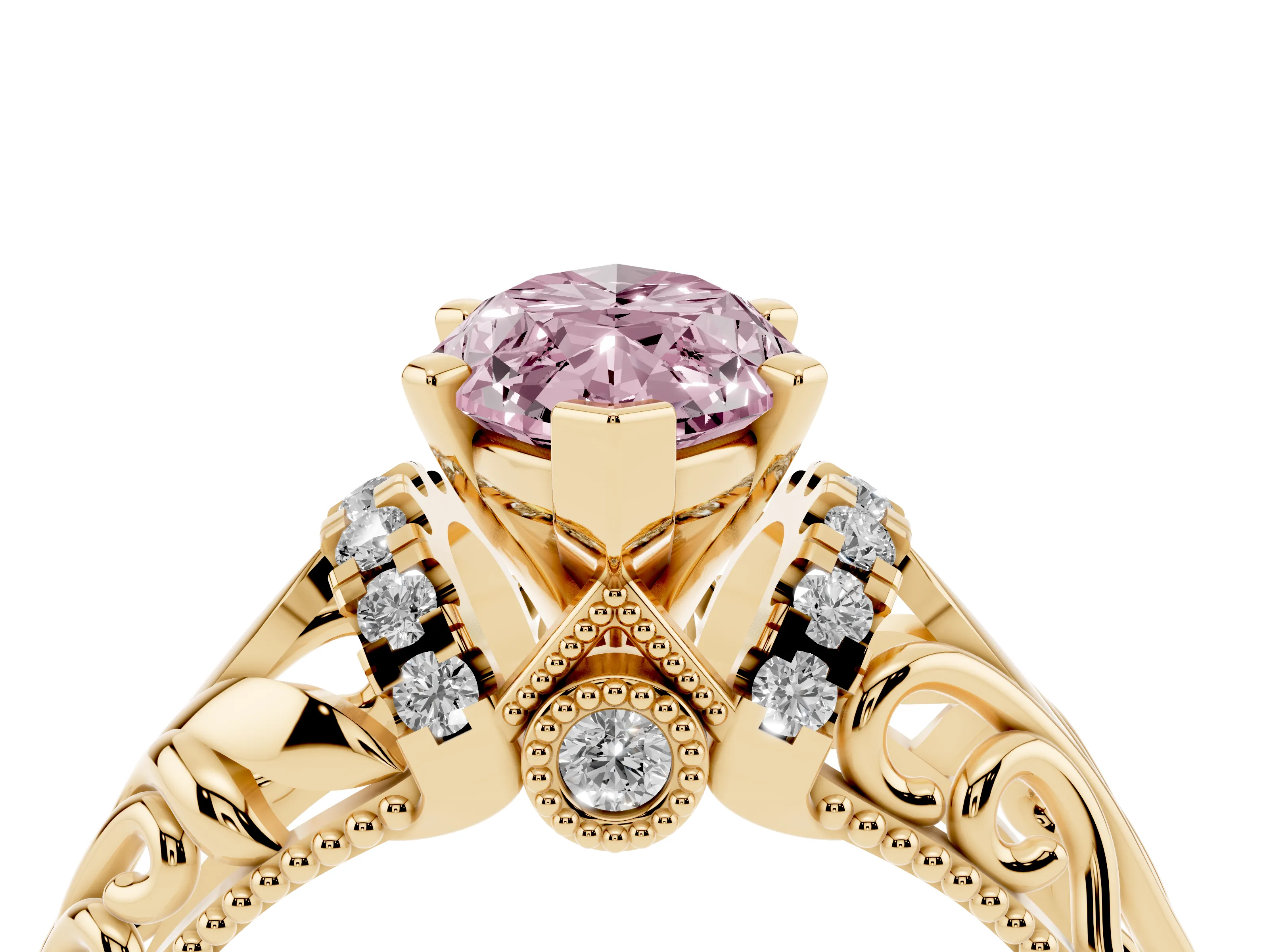 Fancy Pink Marquise Cut Diamond Filigree Halo Engagement Ring Set in Yellow gold with Prong Setting
