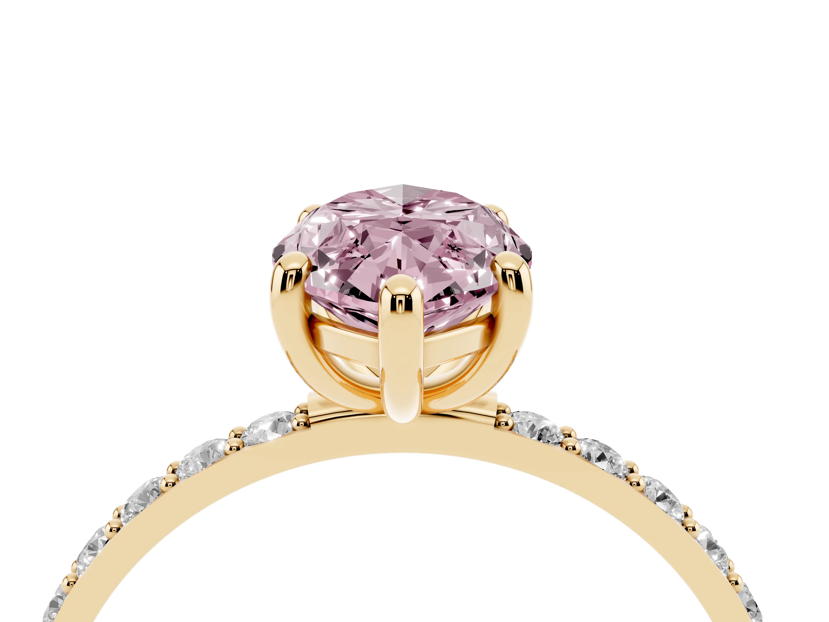 Fancy Pink Marquise Cut Diamond Solitaire Ring Set in Yellow gold with Round Pavé Band and Prong Setting