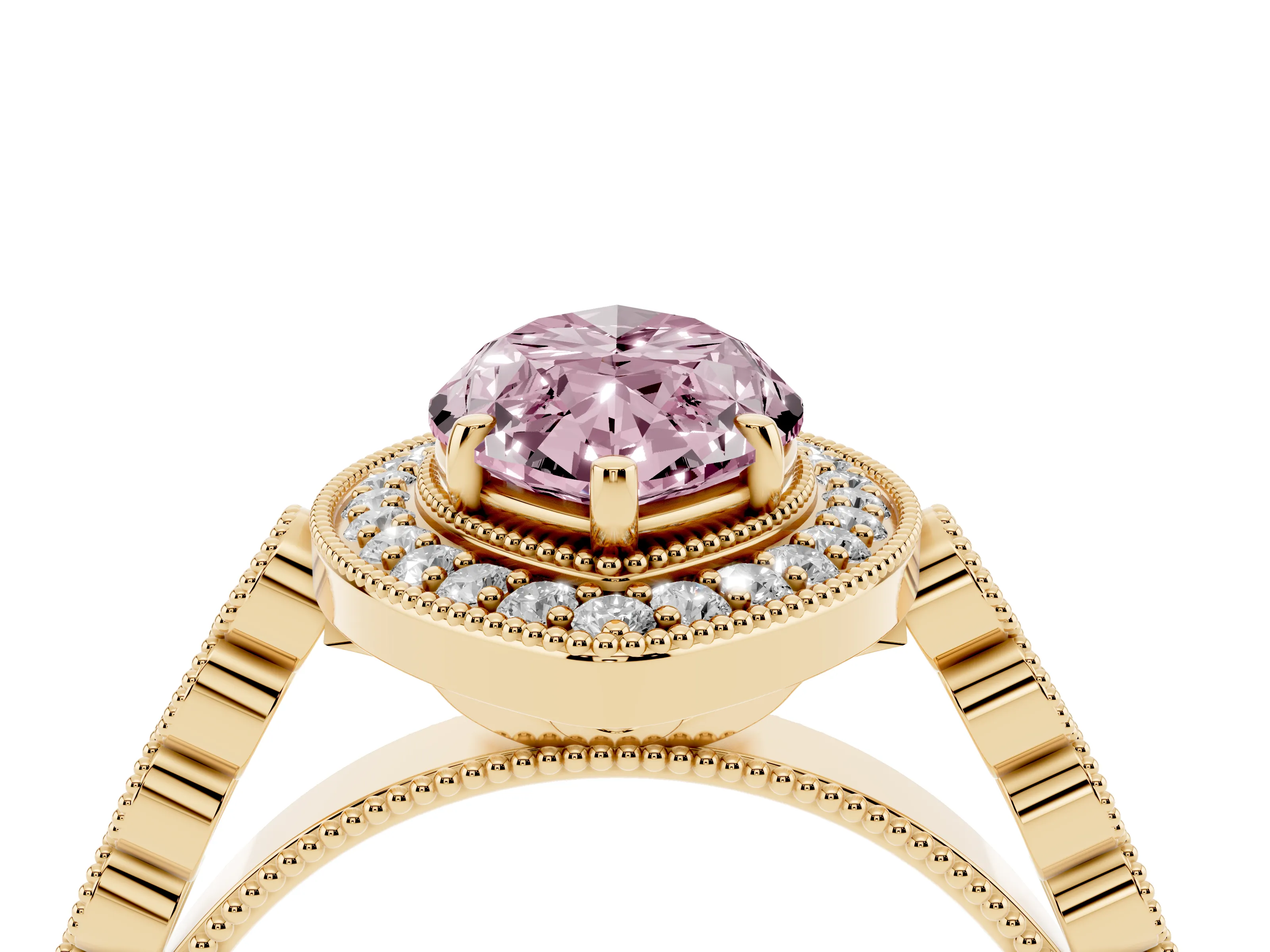 Fancy Pink Marquise Cut Diamond Milgrain Halo Solitaire Ring Set in Yellow gold with Bezel Set Side Stones and Pavé Band