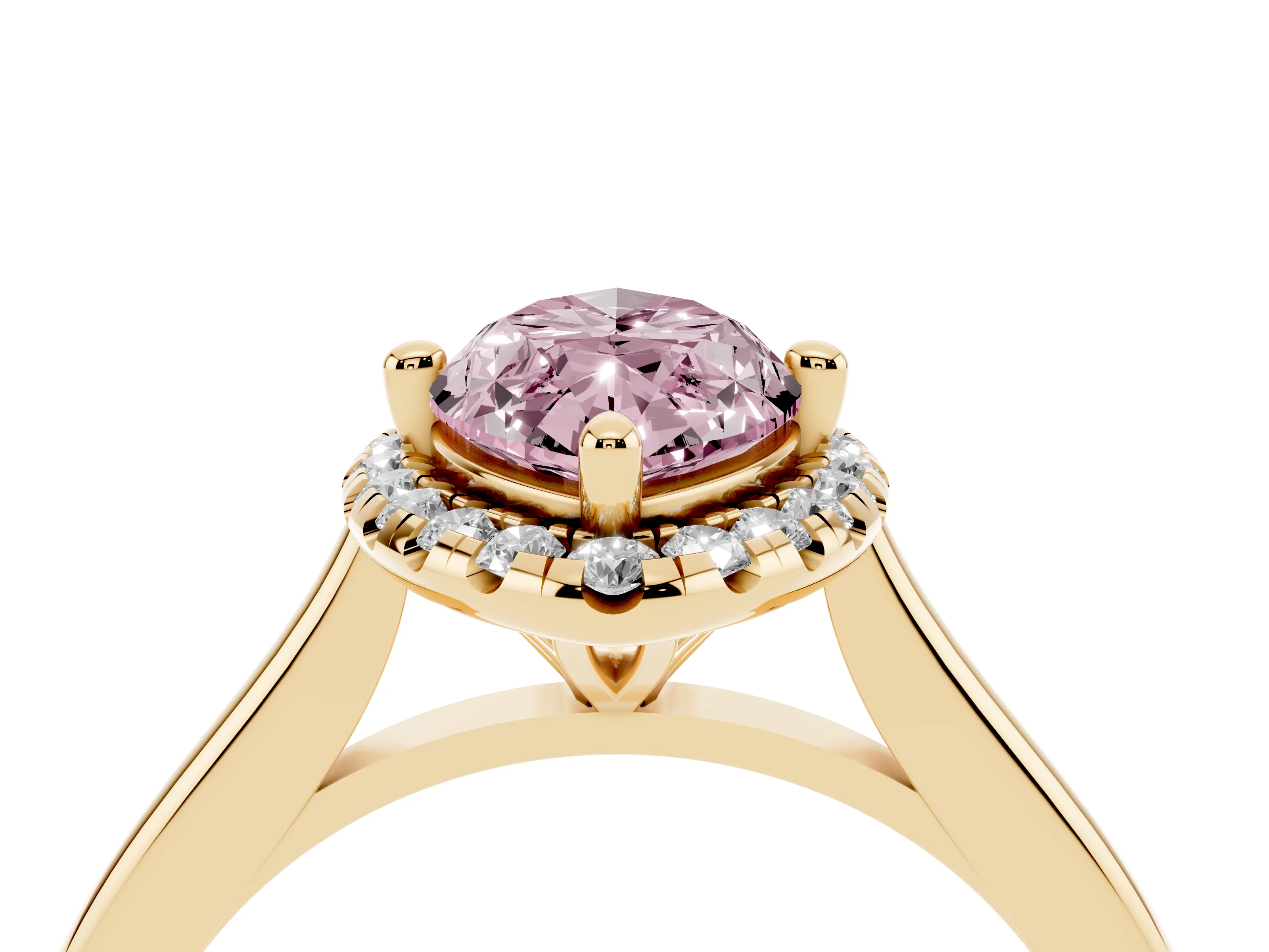 Fancy Pink Marquise Cut Diamond Halo Engagement Ring Set in Yellow gold with Pavé Band and Rising Shoulders
