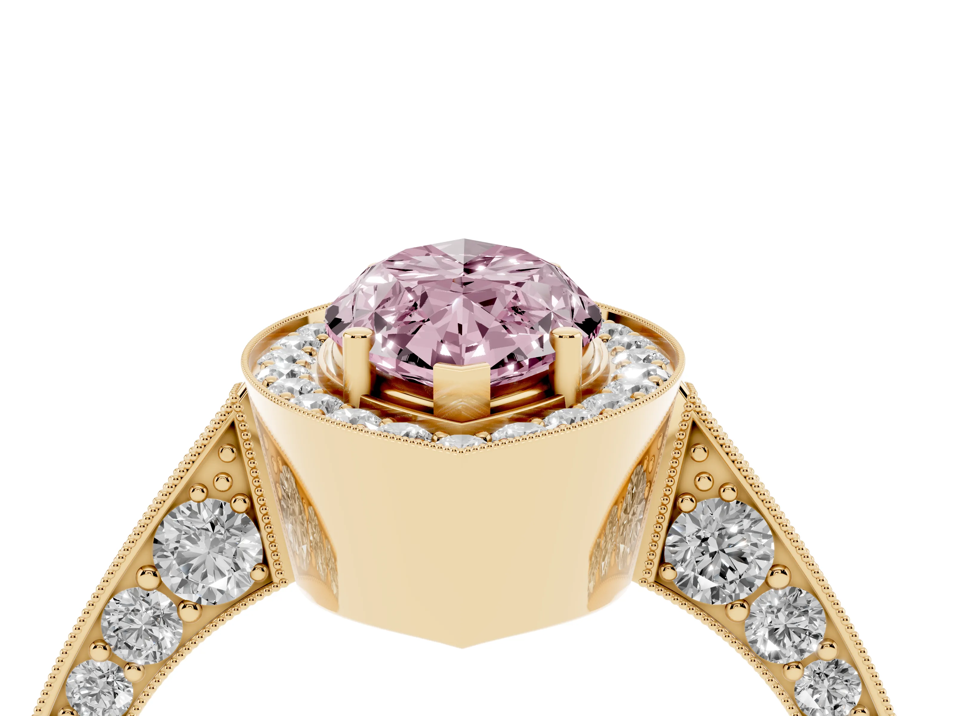 Fancy Pink Marquise Cut Diamond Halo Engagement Ring Set in Yellow gold with Accent Split Shank Band