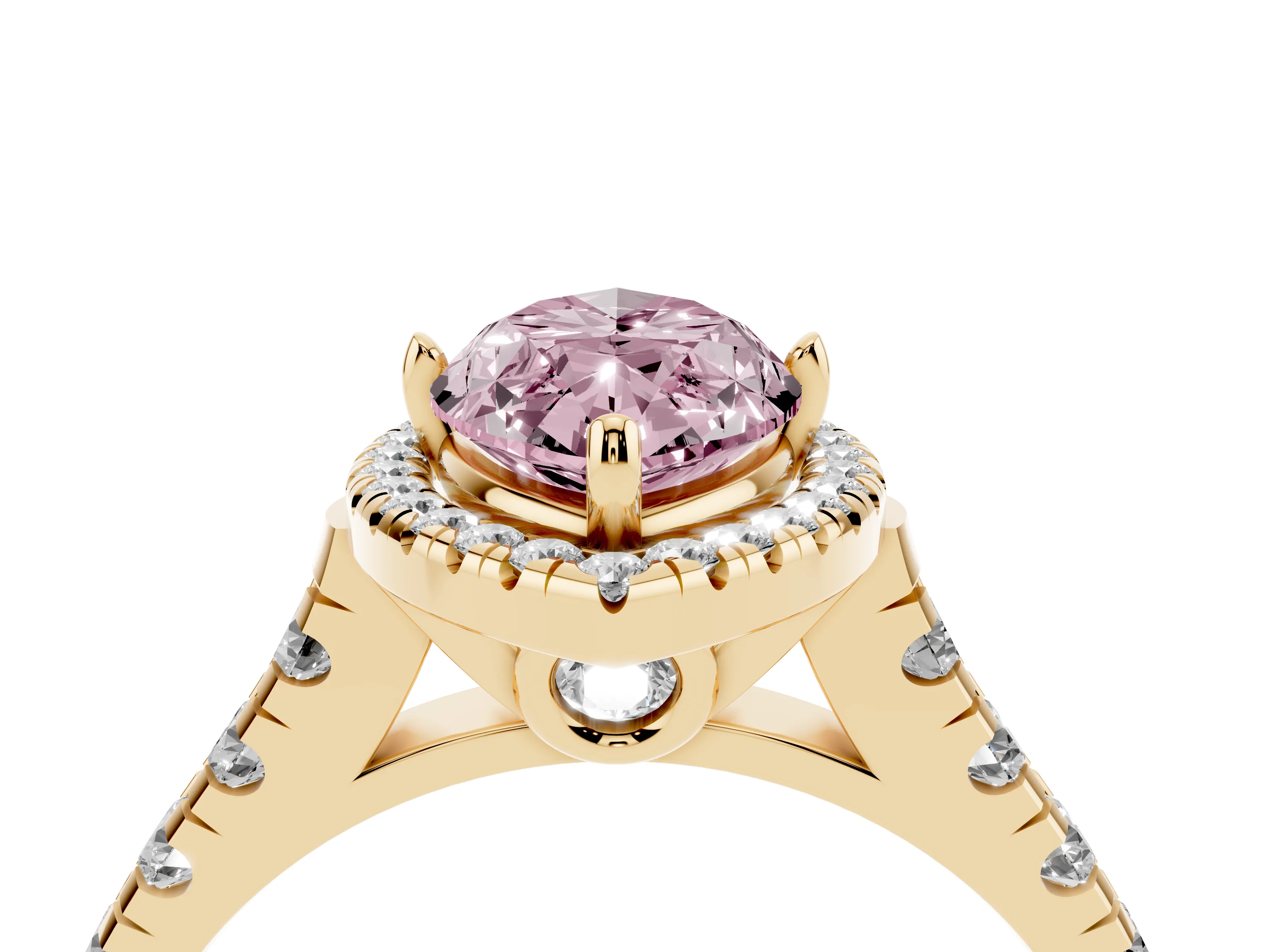 Fancy Pink Marquise Cut Diamond Halo Engagement Ring Set in Yellow gold with Pavé Band and Prong-Set Center