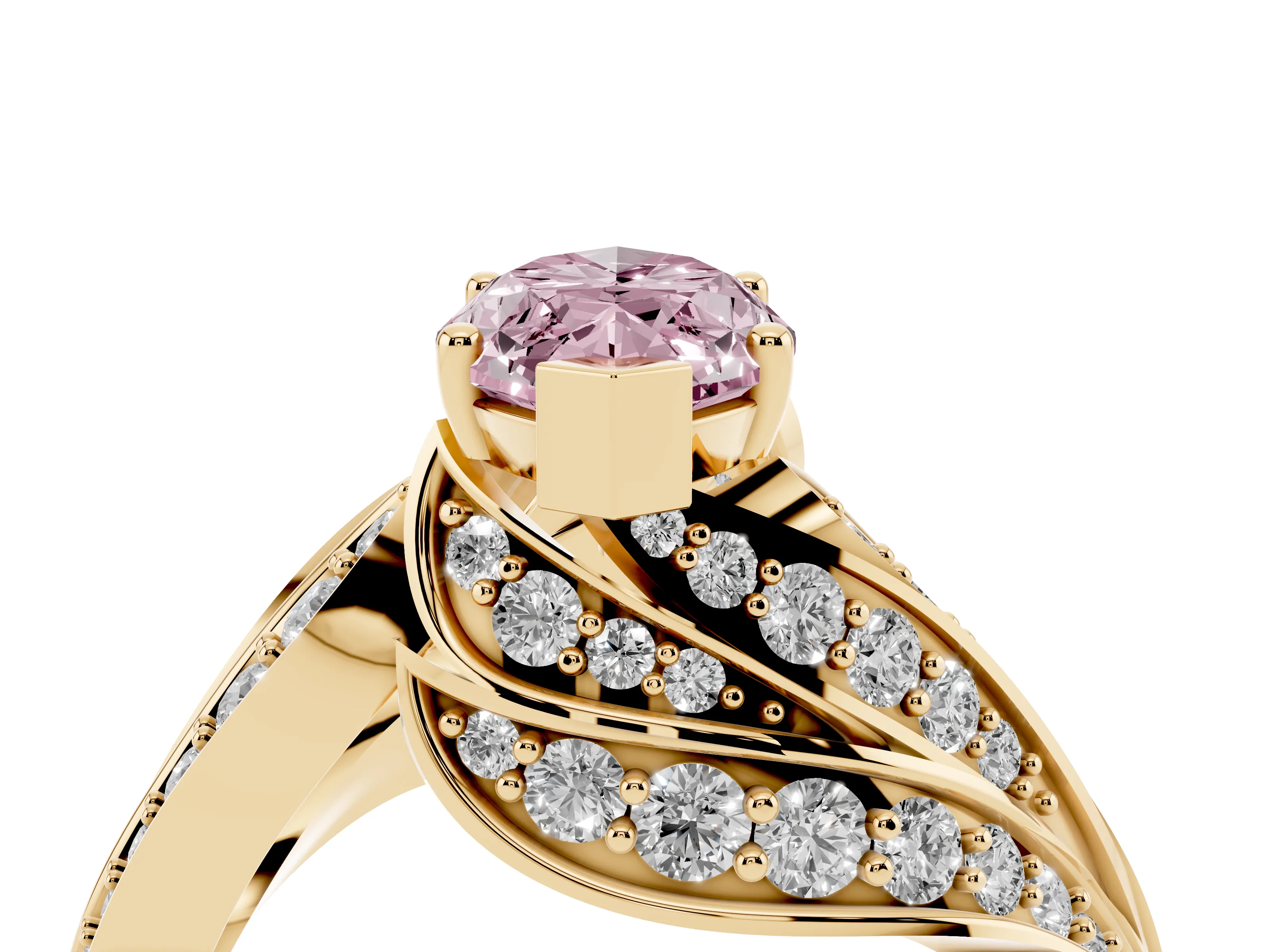 Fancy Pink Marquise Cut Diamond Solitaire Ring Set in Yellow gold with Layered Twist Pavé Band