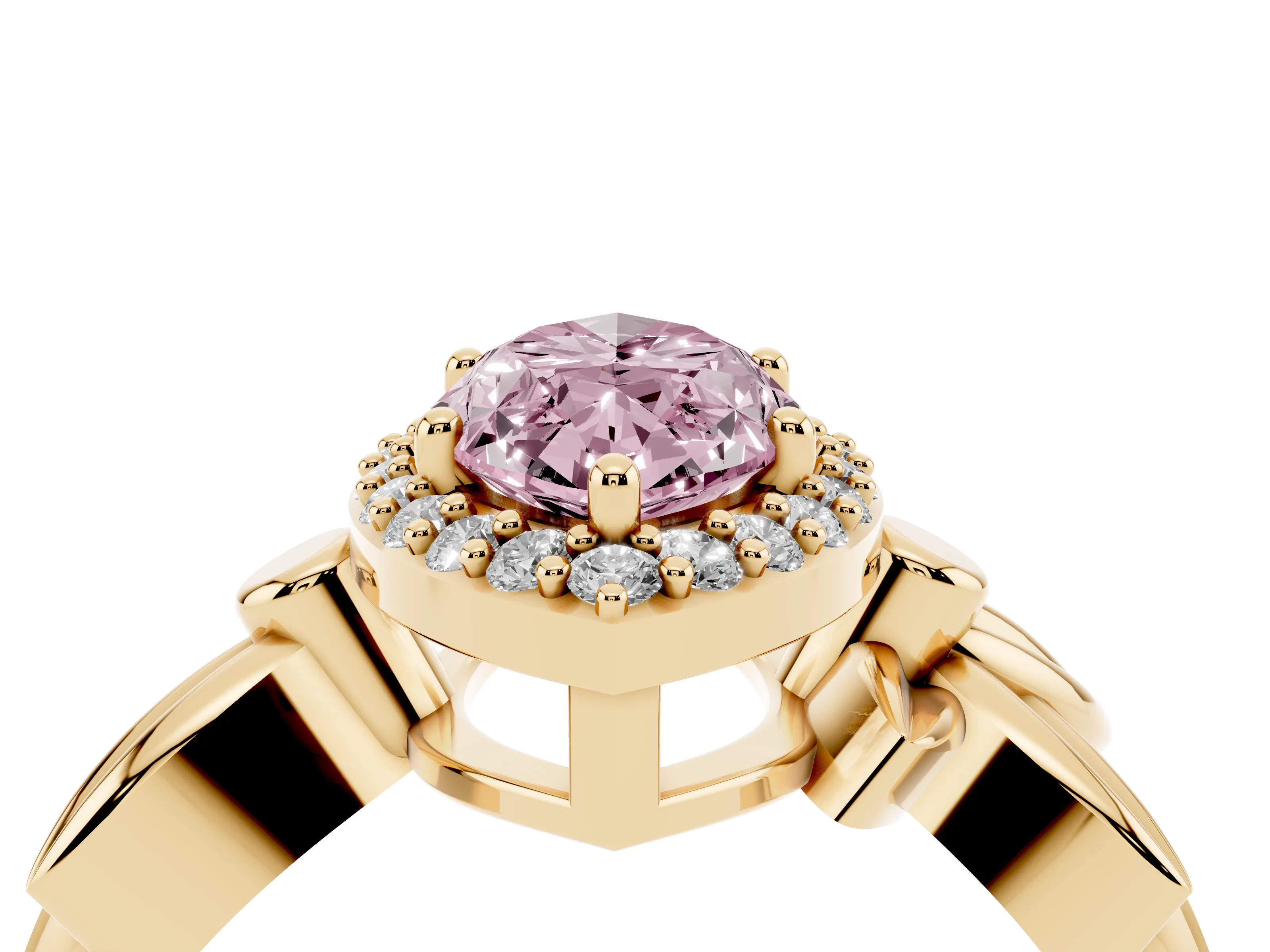 Fancy Pink Marquise Cut Diamond Halo Floral Band Ring Set in Yellow gold with Prong Setting