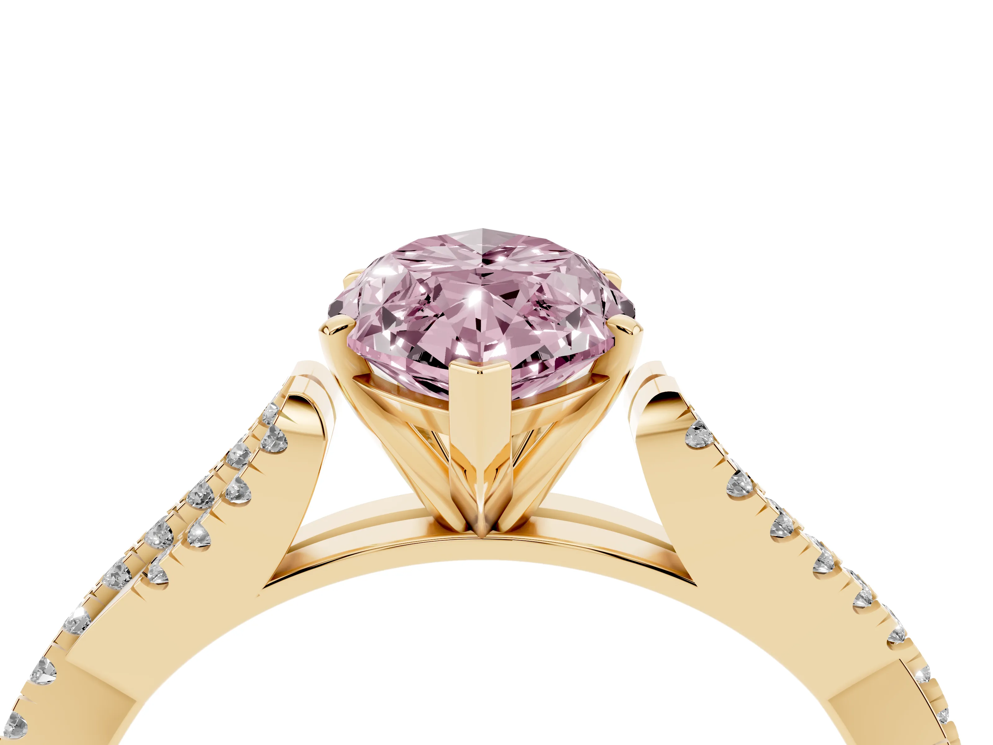 Fancy Pink Marquise Cut Diamond Solitaire Engagement Ring Set in Yellow gold with Twisted Pavé Band and Prong Setting