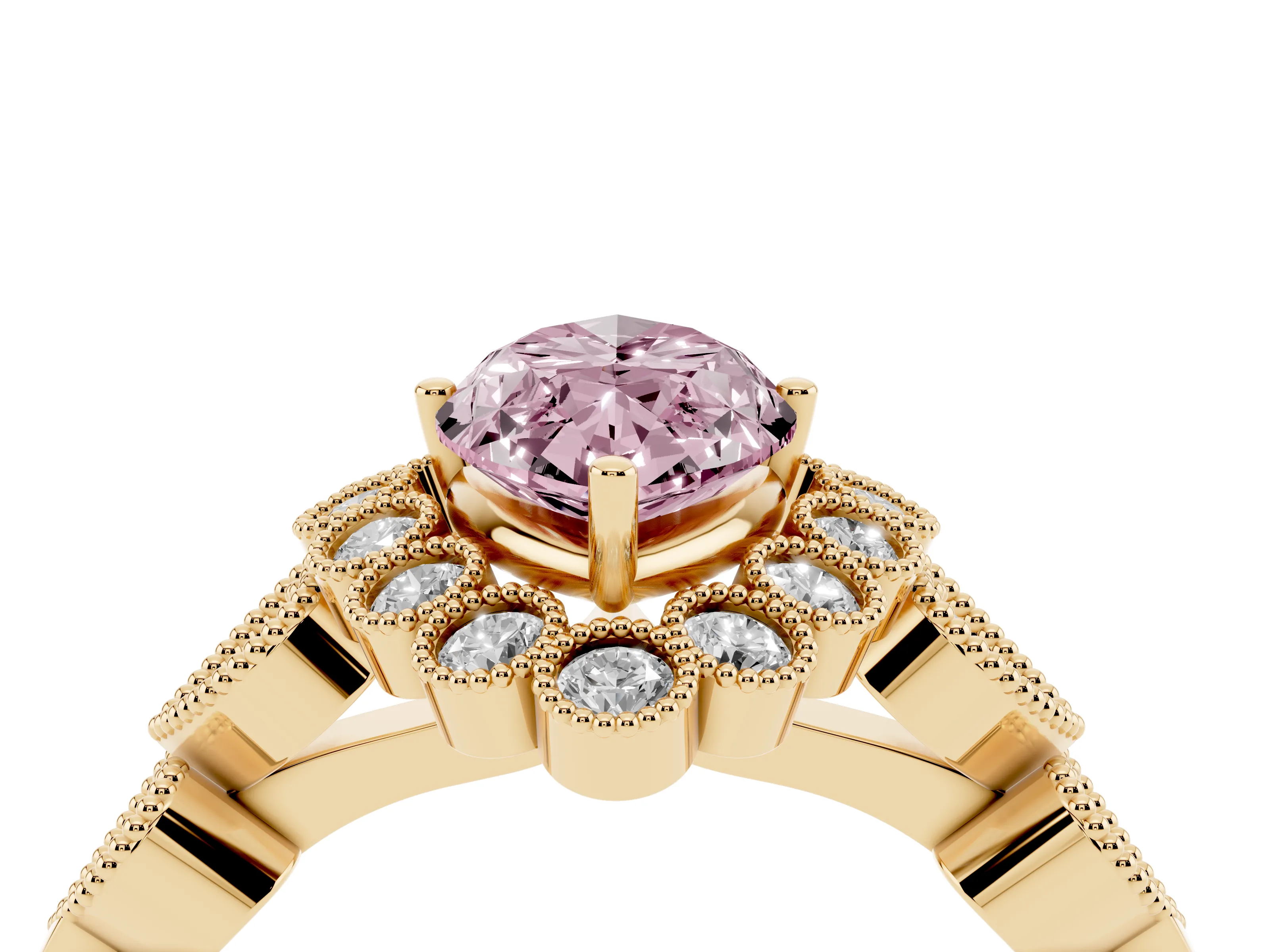 Fancy Pink Marquise Cut Diamond Solitaire Ring Set in Yellow gold with Milgrain Pavé Heart Band