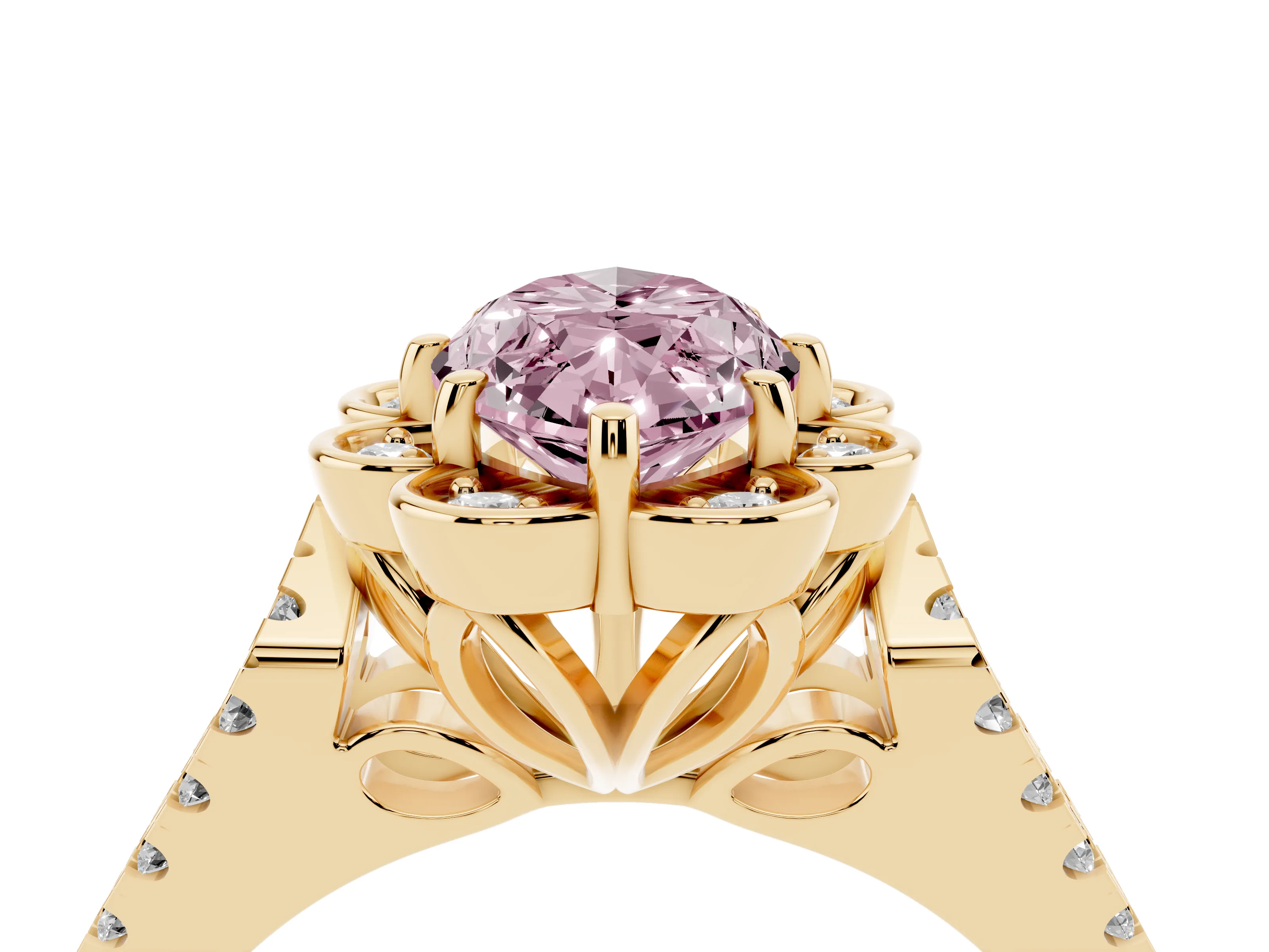 Fancy Pink Marquise Cut Diamond Floral Halo Split Shank Engagement Ring Set in Yellow gold with Pavé Shank