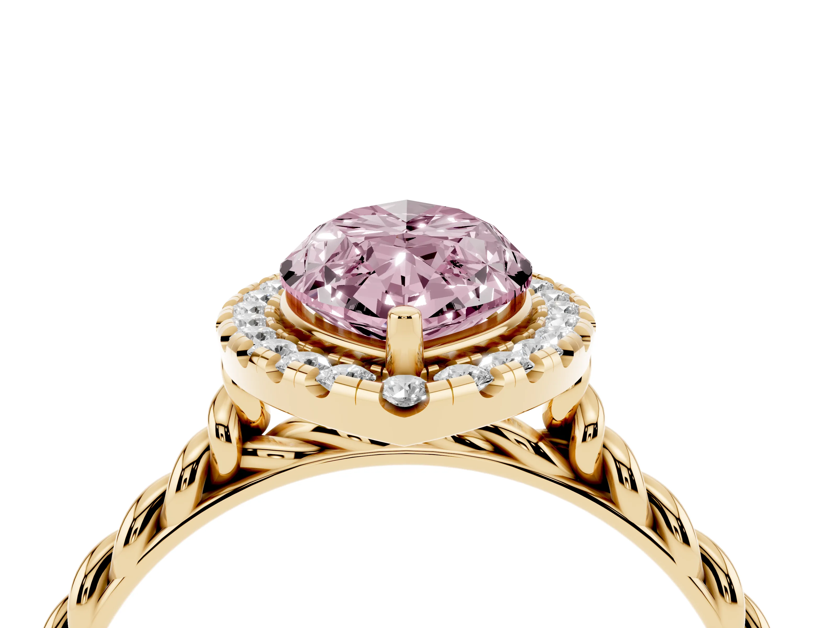 Fancy Pink Marquise Cut Diamond Halo Ring Set in Yellow gold with Plain Twisted Band